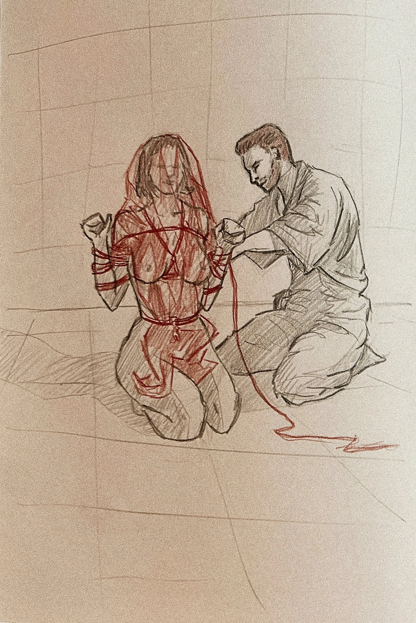 Personal sketches and drawings created by participants during a live Shibari life drawing experience.