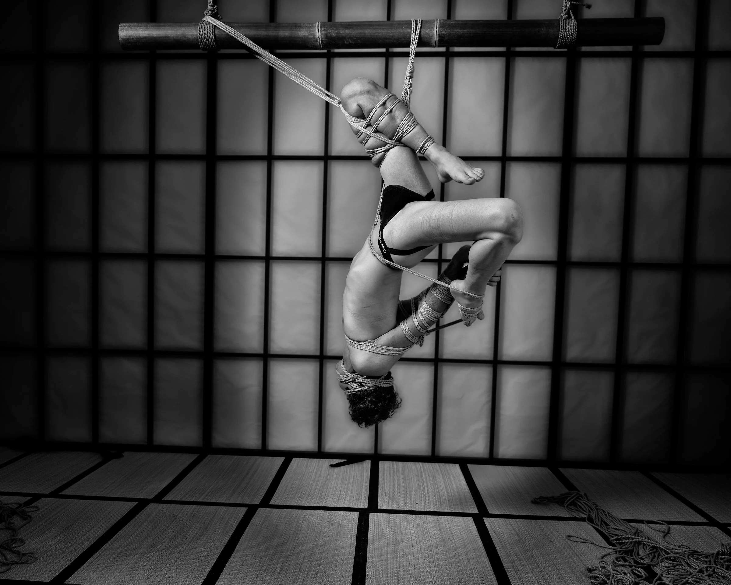 Shibari Suspension Shooting, ropes and photography by MALE SHIBARI, shot at Shibari Studio Berlin