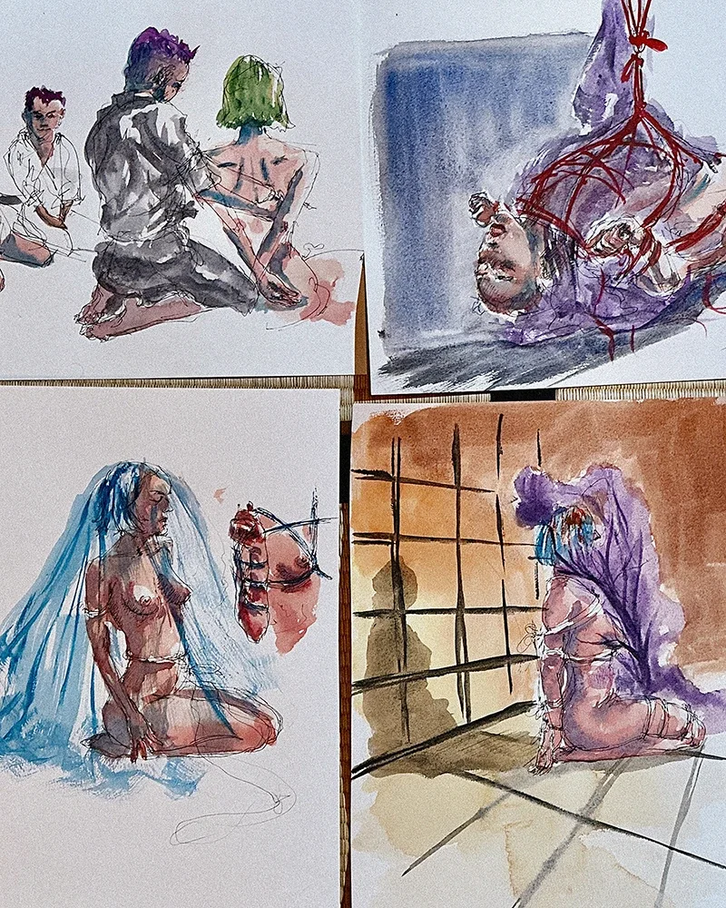 Personal sketches and drawings created by participants during a live Shibari life drawing experience.