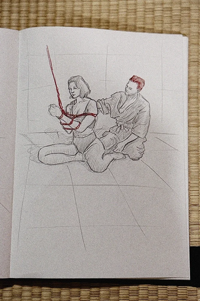 Personal sketches and drawings created by participants during a live Shibari life drawing experience.