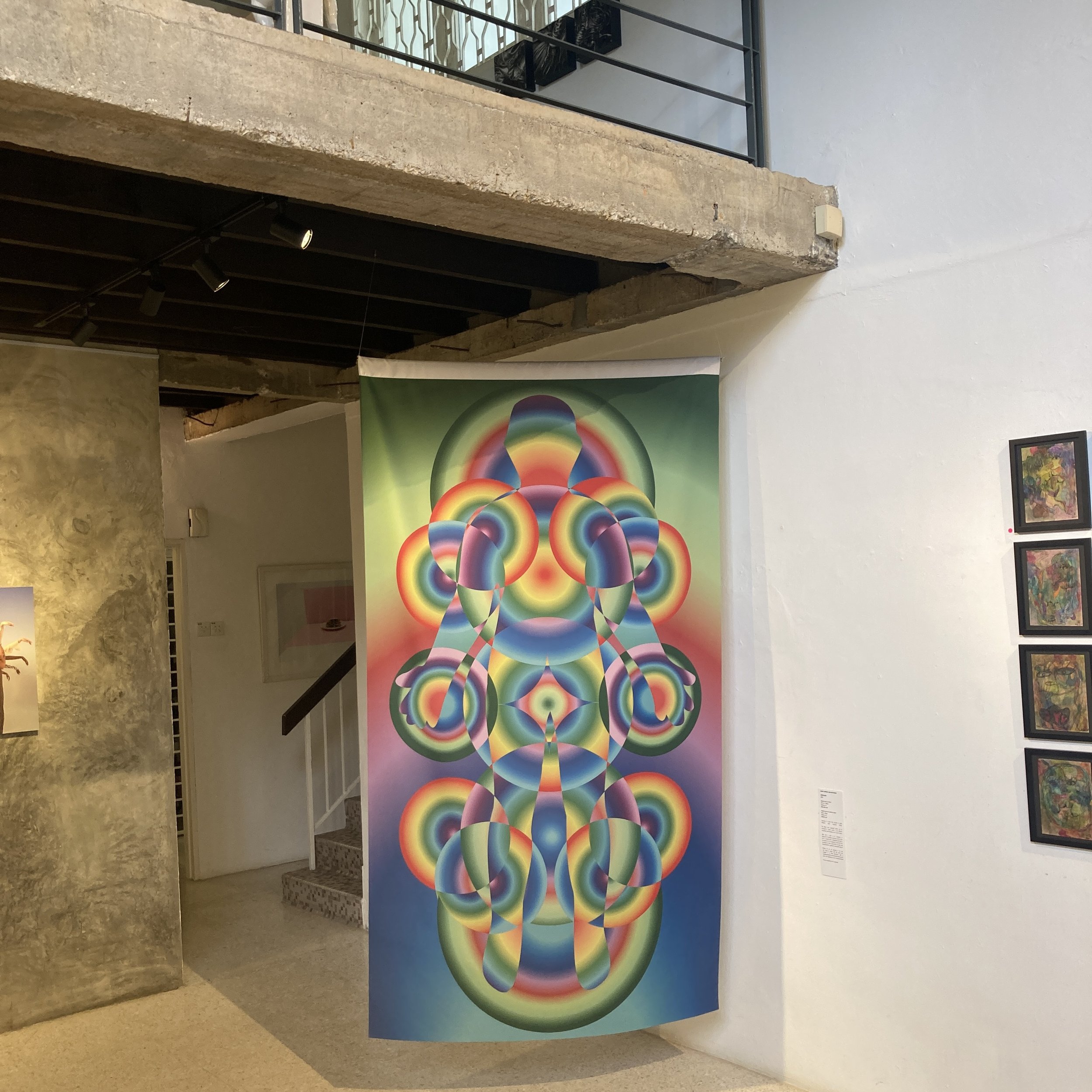 Songsang (2023), digital vector art printed on polyester fabric, 122cm x 217cm, exhibited at temuhouse for the Wujud/Exist group exhibition.

Artist's collection.