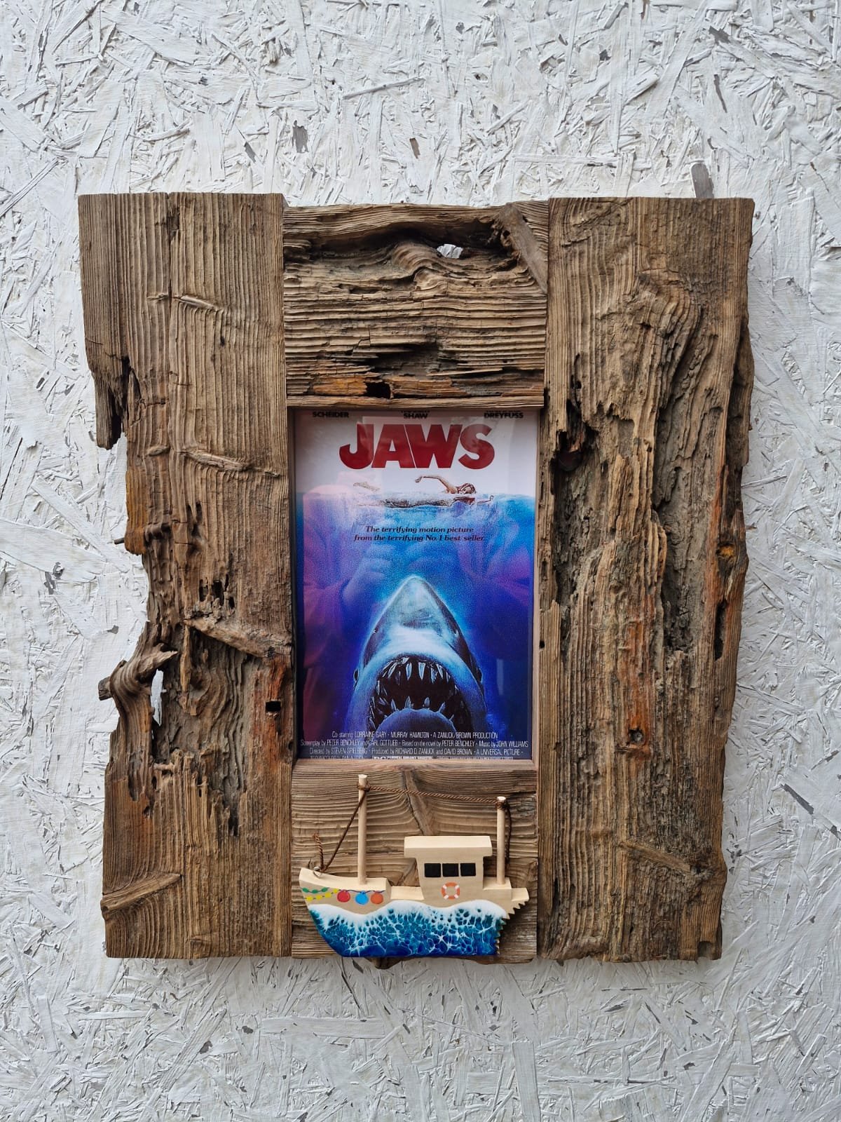 Driftwood Frame with Jaws Poster and Handmade Boat