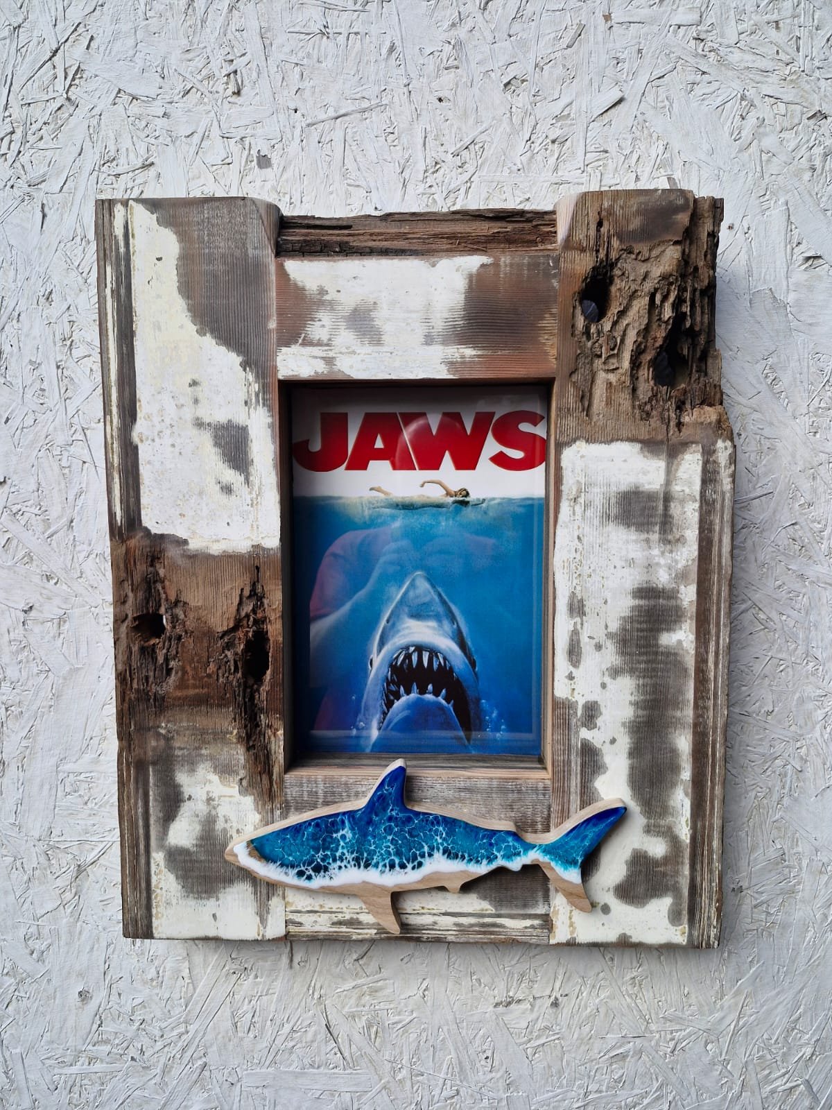 Vintage Driftwood Frame with Jaws Poster and Shark Design