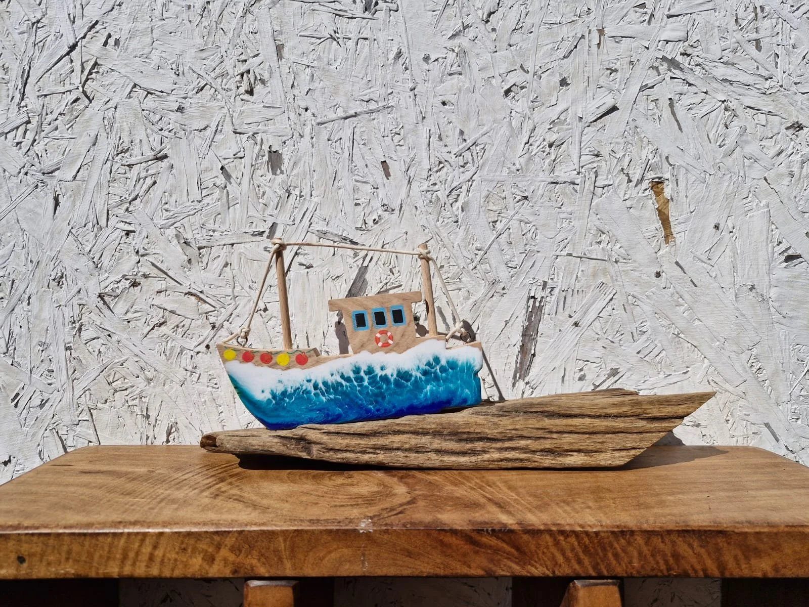 Handcrafted Wooden Fishing Boat Sculpture