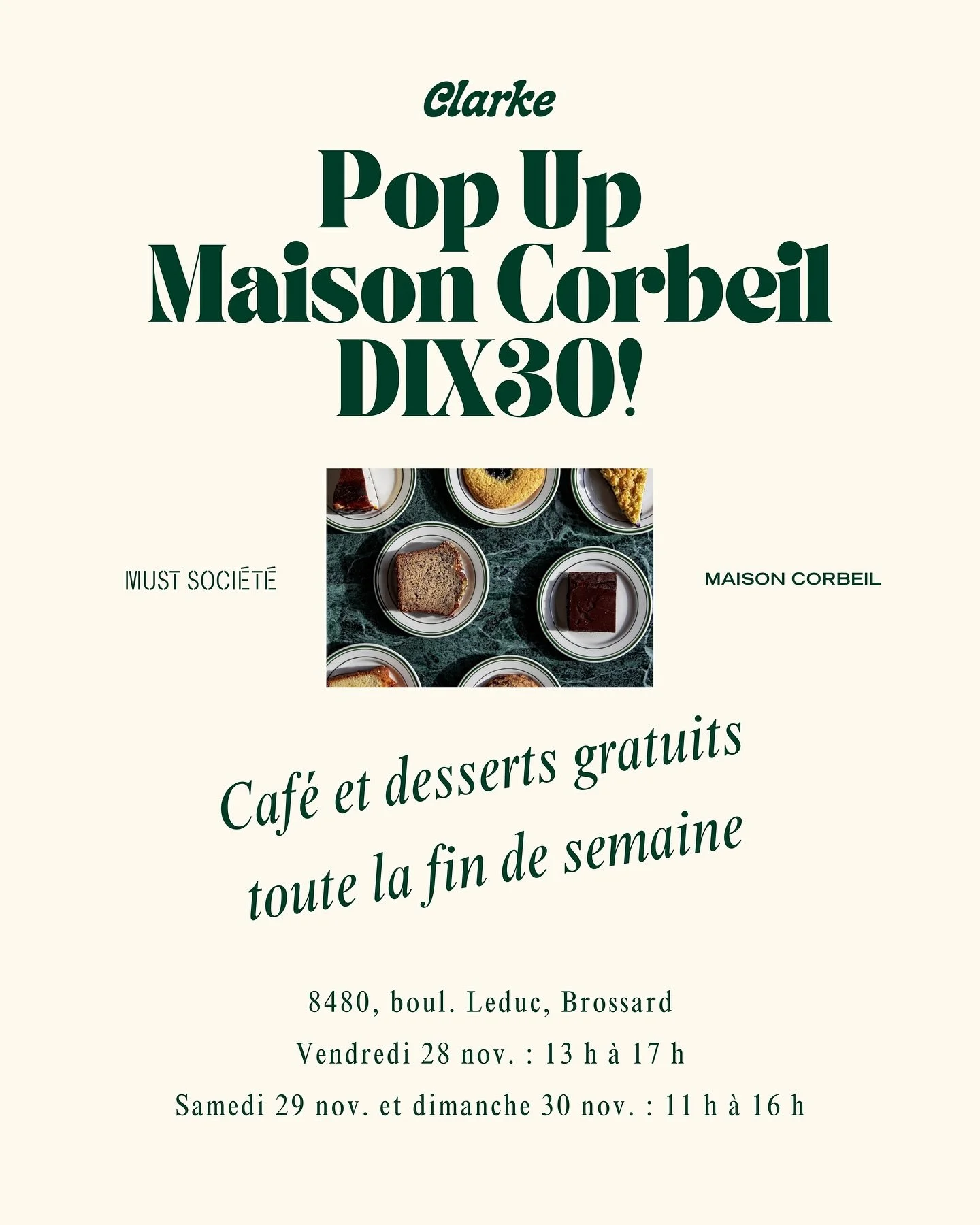 Votre magasinage du Black Friday vient de devenir beaucoup plus agr&eacute;able ☕🍪 Clarke Caf&eacute; sera en pop-up chez @maisoncorbeil &amp; @mustsociete &agrave; Brossard tout le week-end avec caf&eacute; et desserts gratuits pendant que vous exp