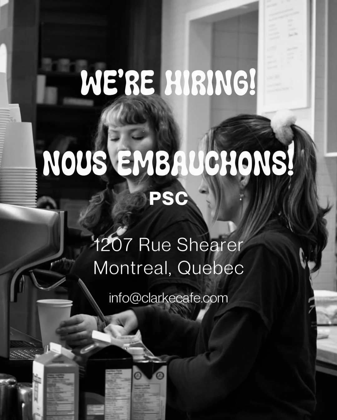 We&rsquo;re hiring at our PSC location! ☕🥪

Looking for full-time or part-time baristas and line cooks with experience to join our amazing team.

📍 1207 Rue Shearer, Montreal
📧 Send your CV to info@clarkecafe.com

Nous embauchons &agrave; PSC! ☕🥪
