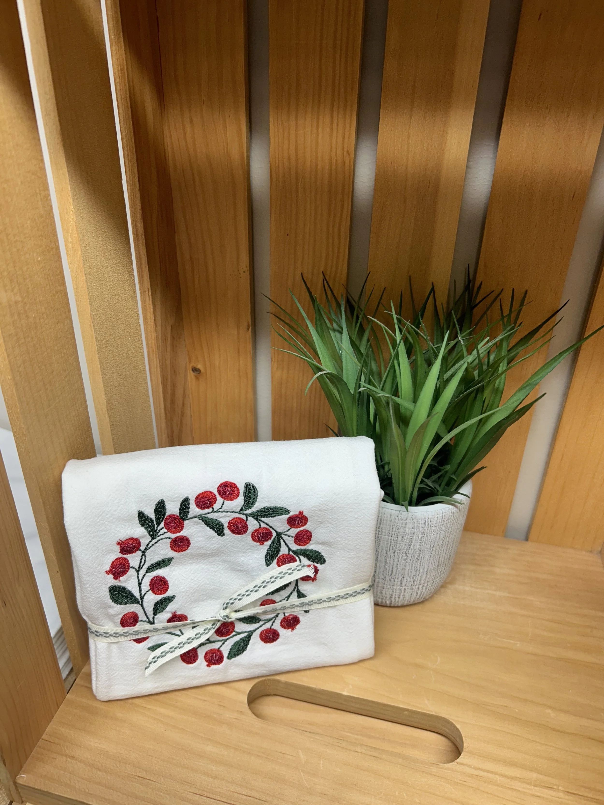 Cranberry Wreath Embroidered Dish Towel
