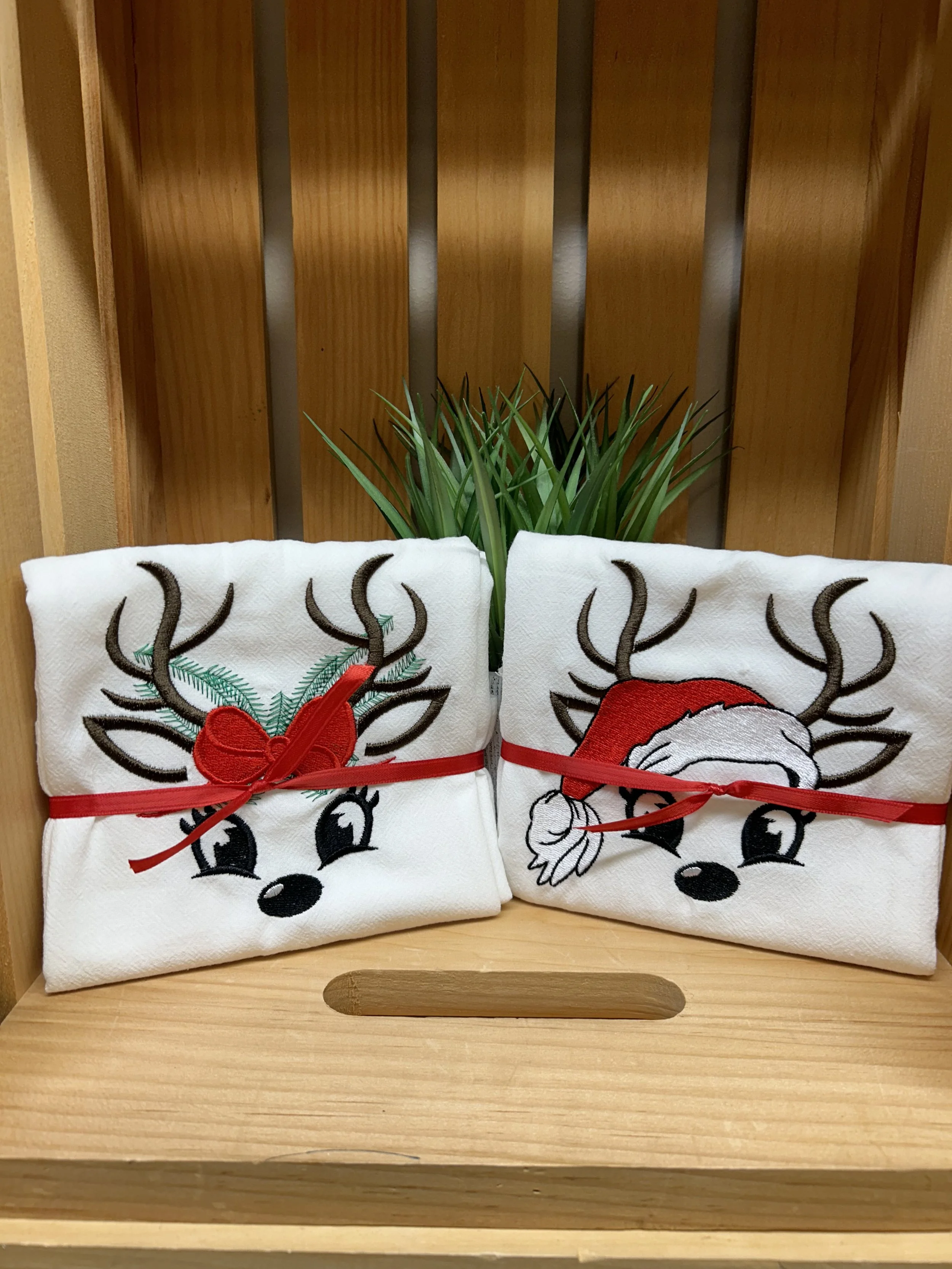 Santa Reindeer Embroidered Dish Towel