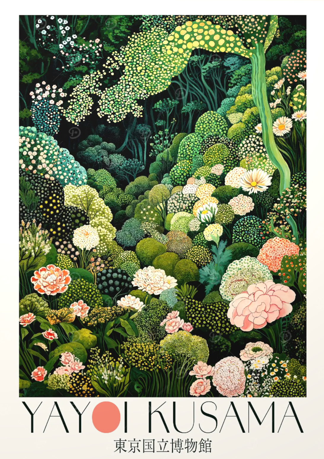 A magical botanical print of greens and pinks by Yayoi Kusama