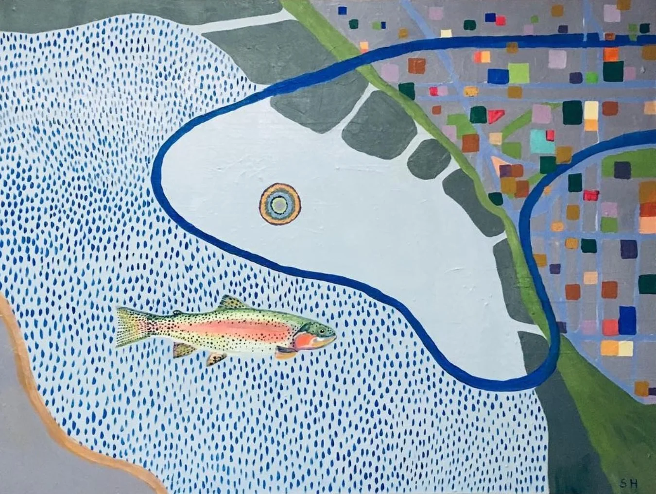 Colorful abstract representation of Willamette River and SE Portland, Oregon with a realistic depiction of a cutthroat trout on the river water.