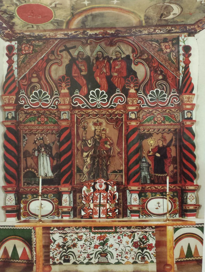 Hand-carved alter, painted with red, green yellow, black, and white paint. Three panels below and one large panel above depicting religious saints and figures. Some of the decorative elements are floral.