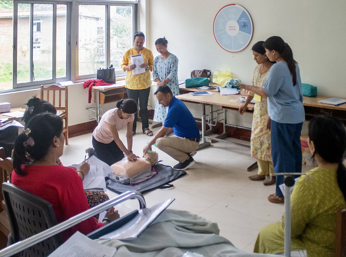 Health workers receive simulation-based training in Nepal.  