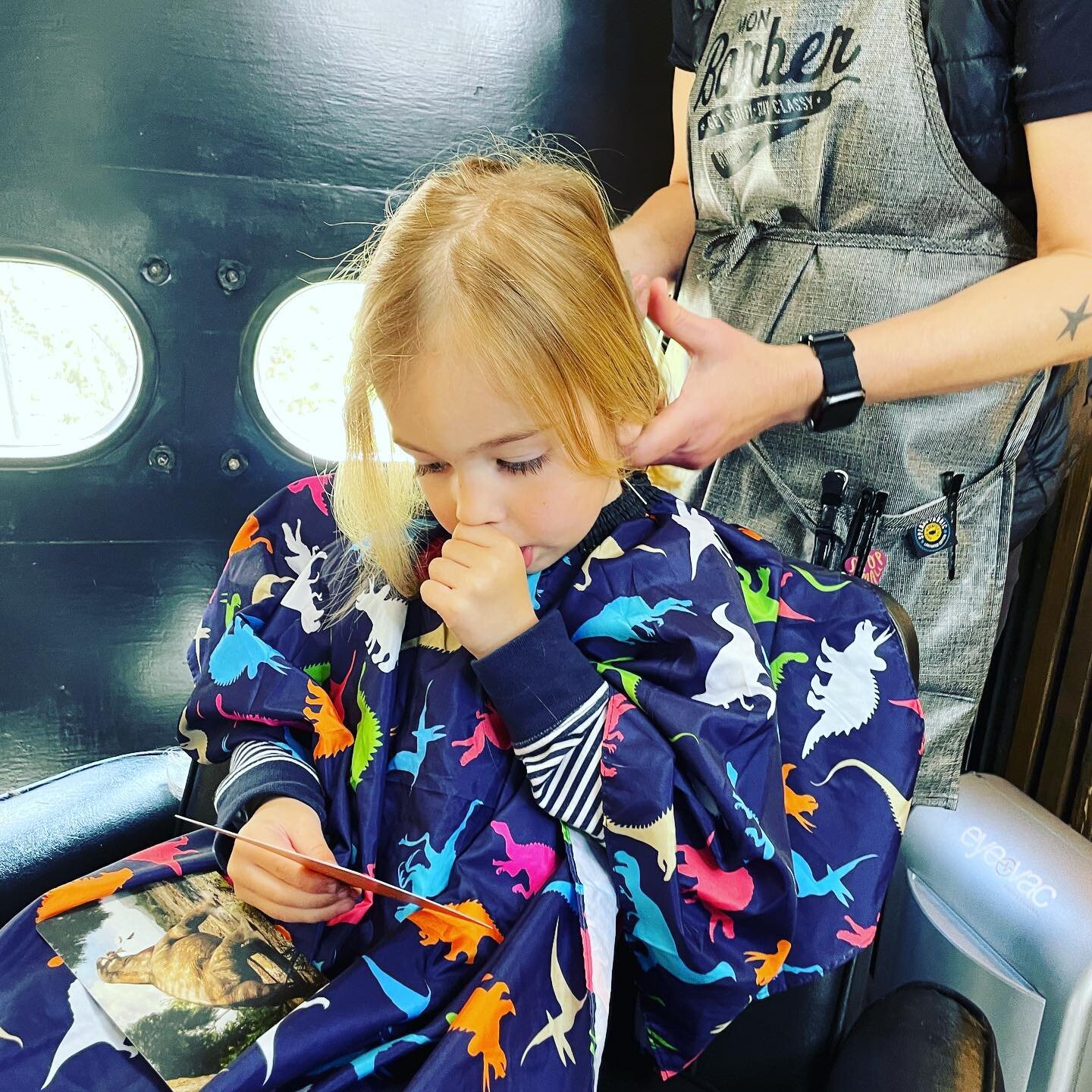 First haircut vibes. Tips for success:
1. Bring your kiddo before you book by for a simple meet and greet. See the shop, meet Spike The Monkey, see the tools and more.  2. Book the First Haircut appointment. It&rsquo;s a little extra time in case thi