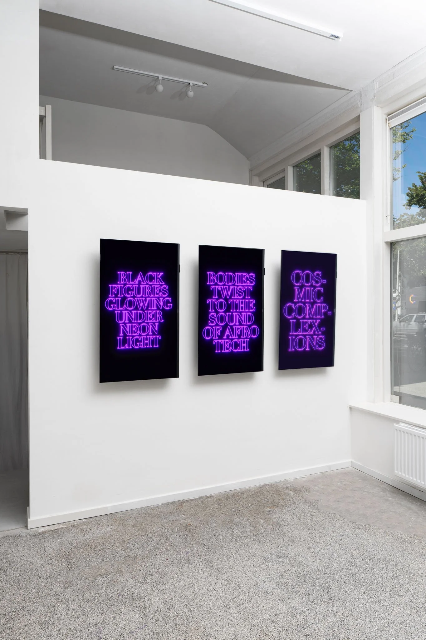 Cosmic Complexions, 2025. Video-based text installation (triptych), Dimensions variable, Edition of 3 plus 2 artist's proofs. Photo: Jonathan de Waart
