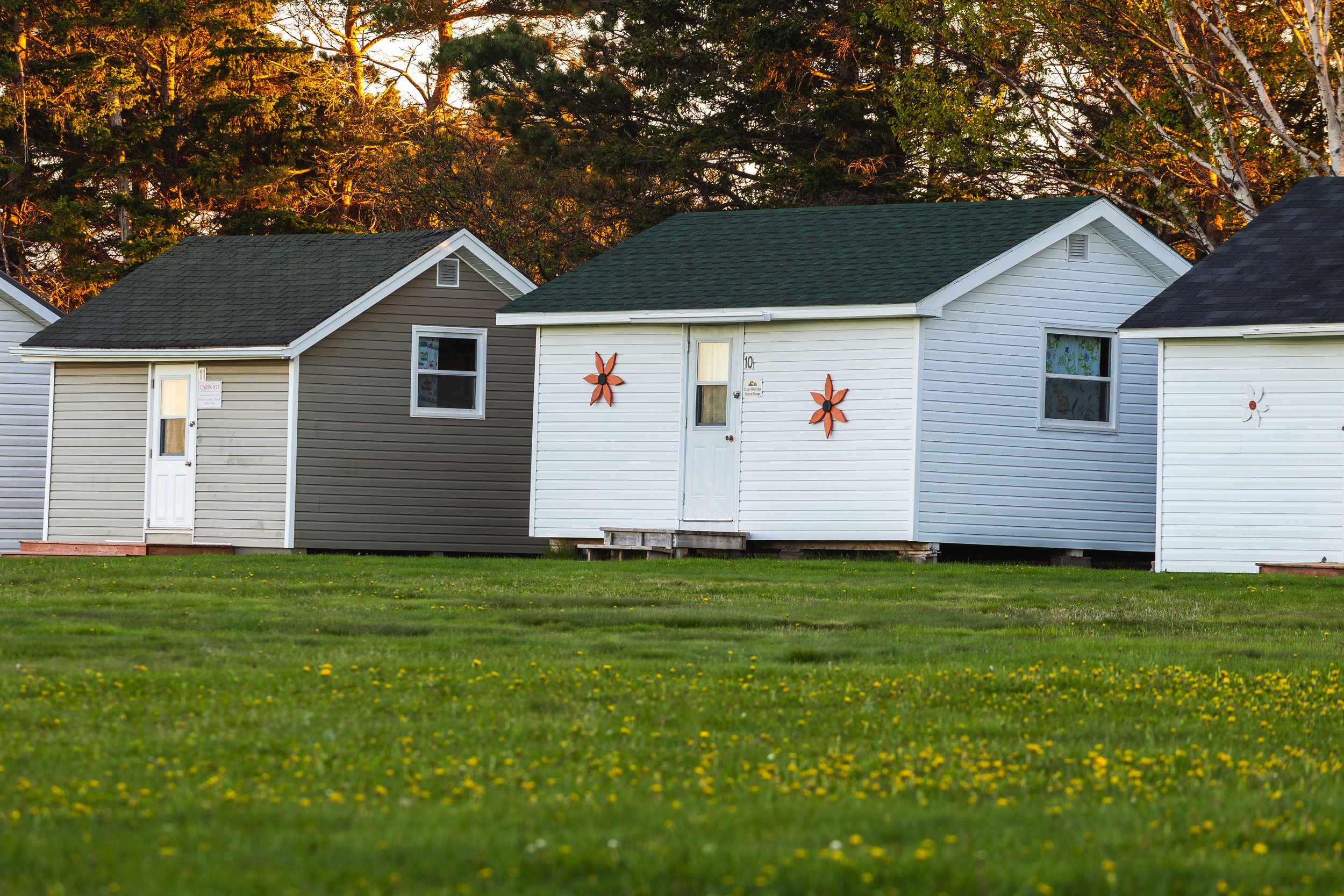 Panoramic view of a camp with colorful cabins, picnic tables, and flagpoles on grassy area surrounded by trees under a cloudy sky.