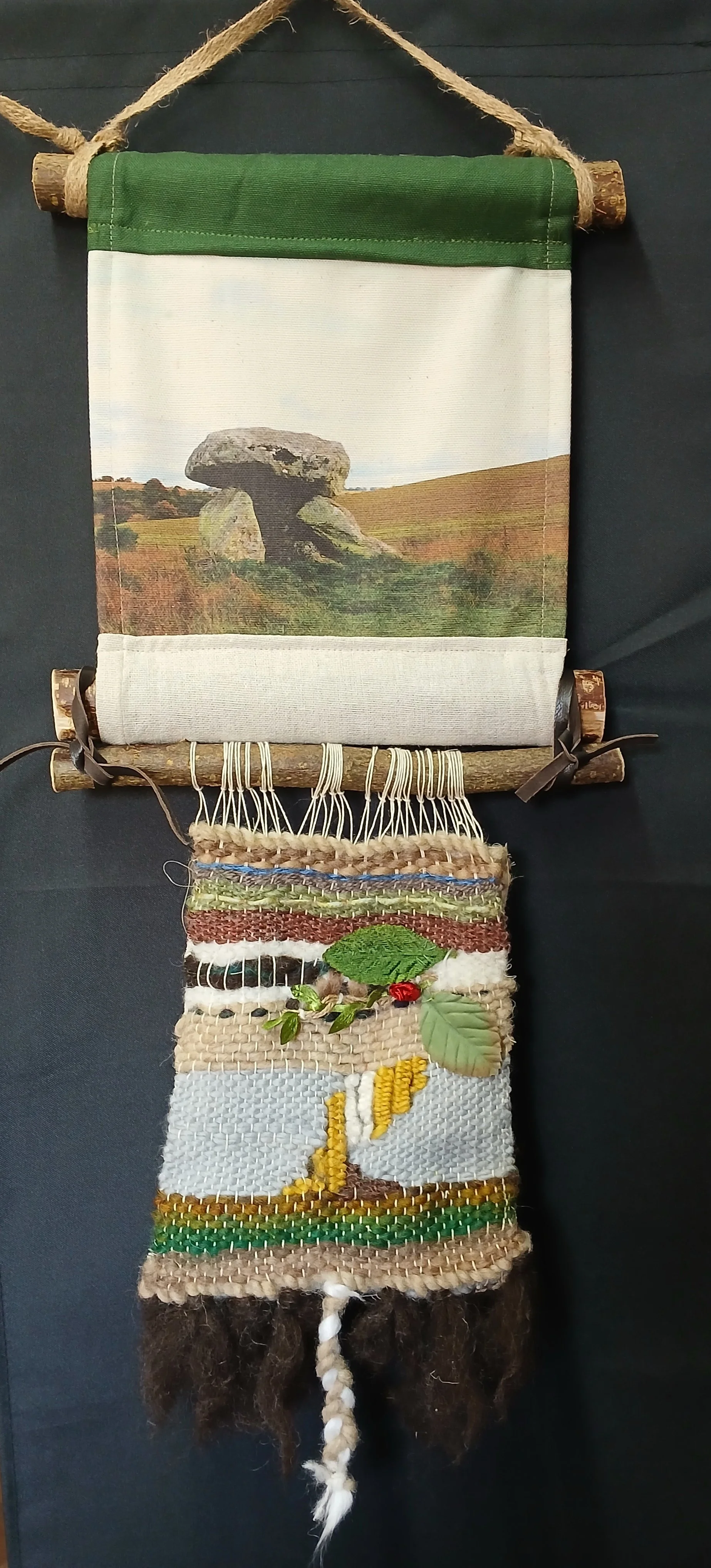 The Devils Den,  Fyfield Down near Avebury. Hand-Loom Weaving wall hanging in natural yarns hung on cut Hazel.