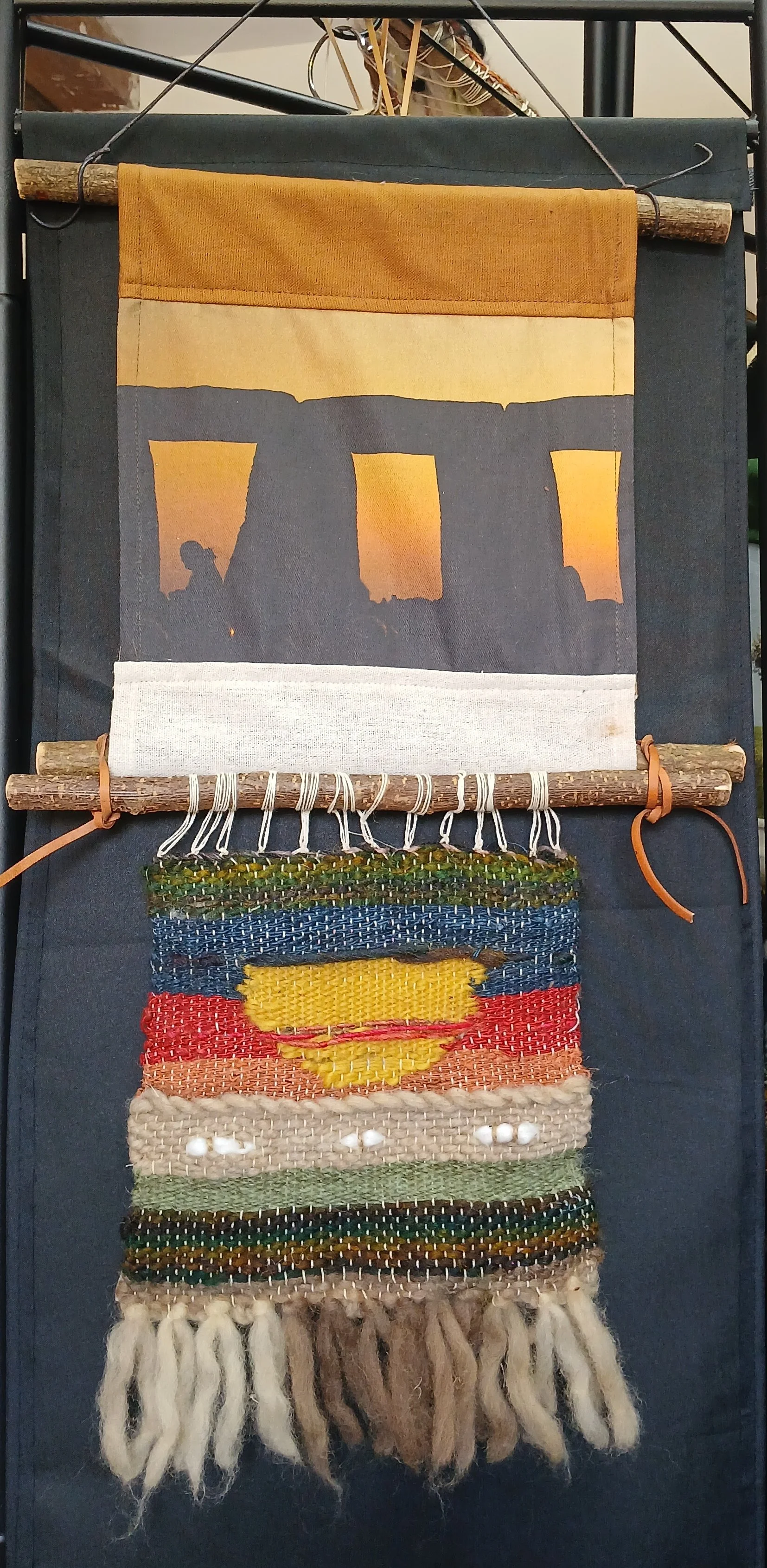 Stonehenge Midsummer Solstice. Hand-Loom Weaving wall hanging in natural yarns hung on cut Hazel.