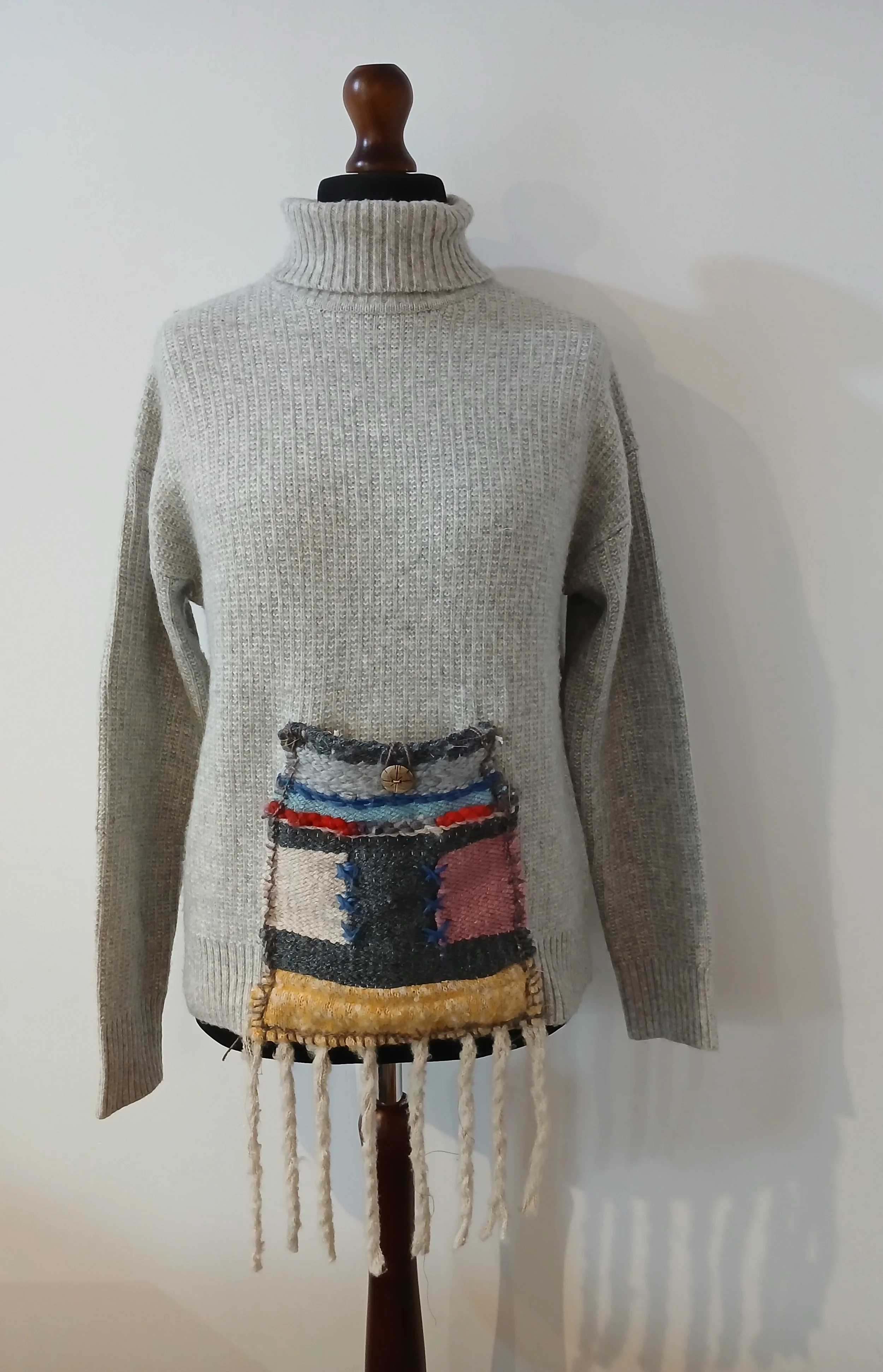 Cosy Days Reworked Jumper with Hand Crafted Fringe Pocket Grey