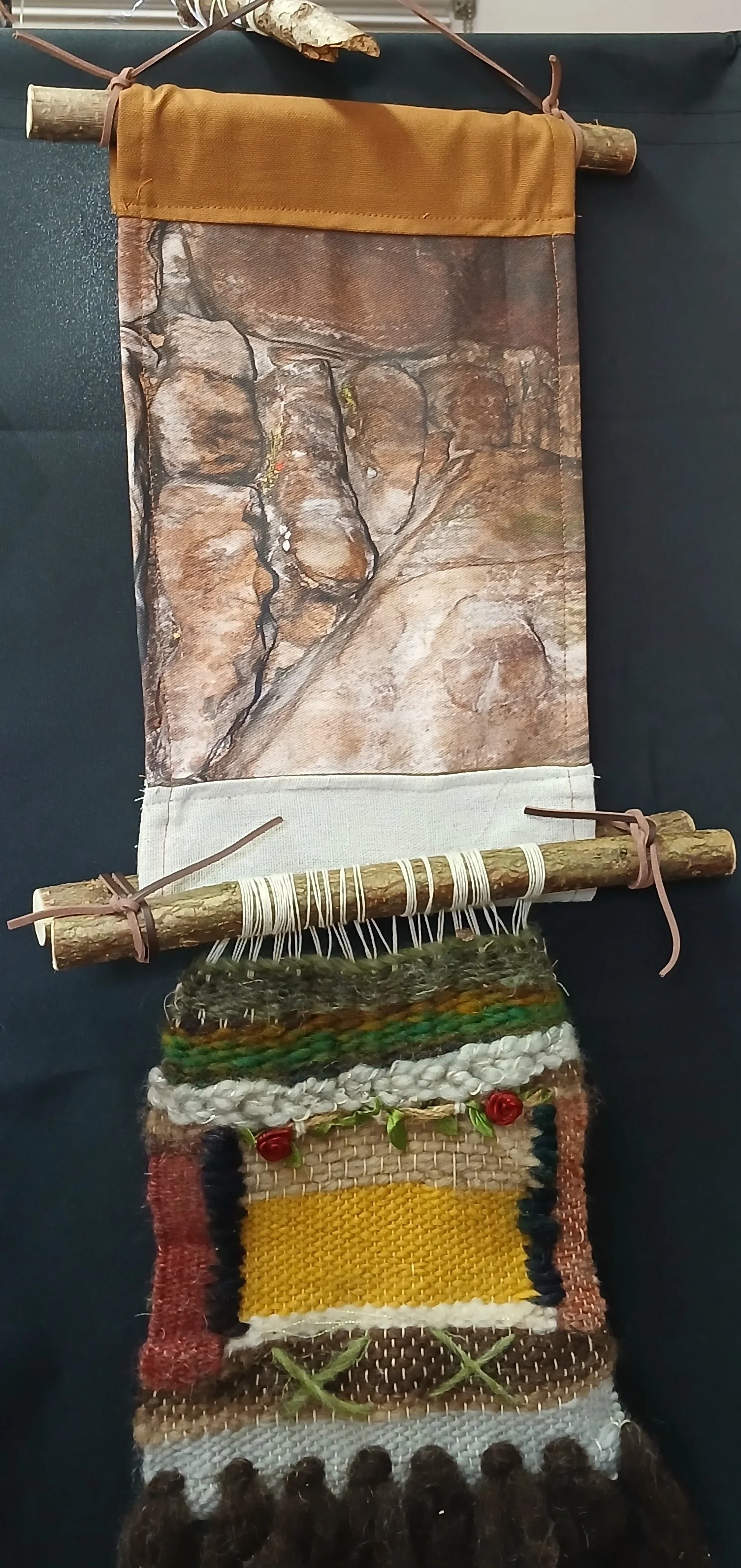 The West Kennet Long Barrow, Avebury. Hand-Loom Weaving wall hanging in natural yarns hung on cut Hazel.