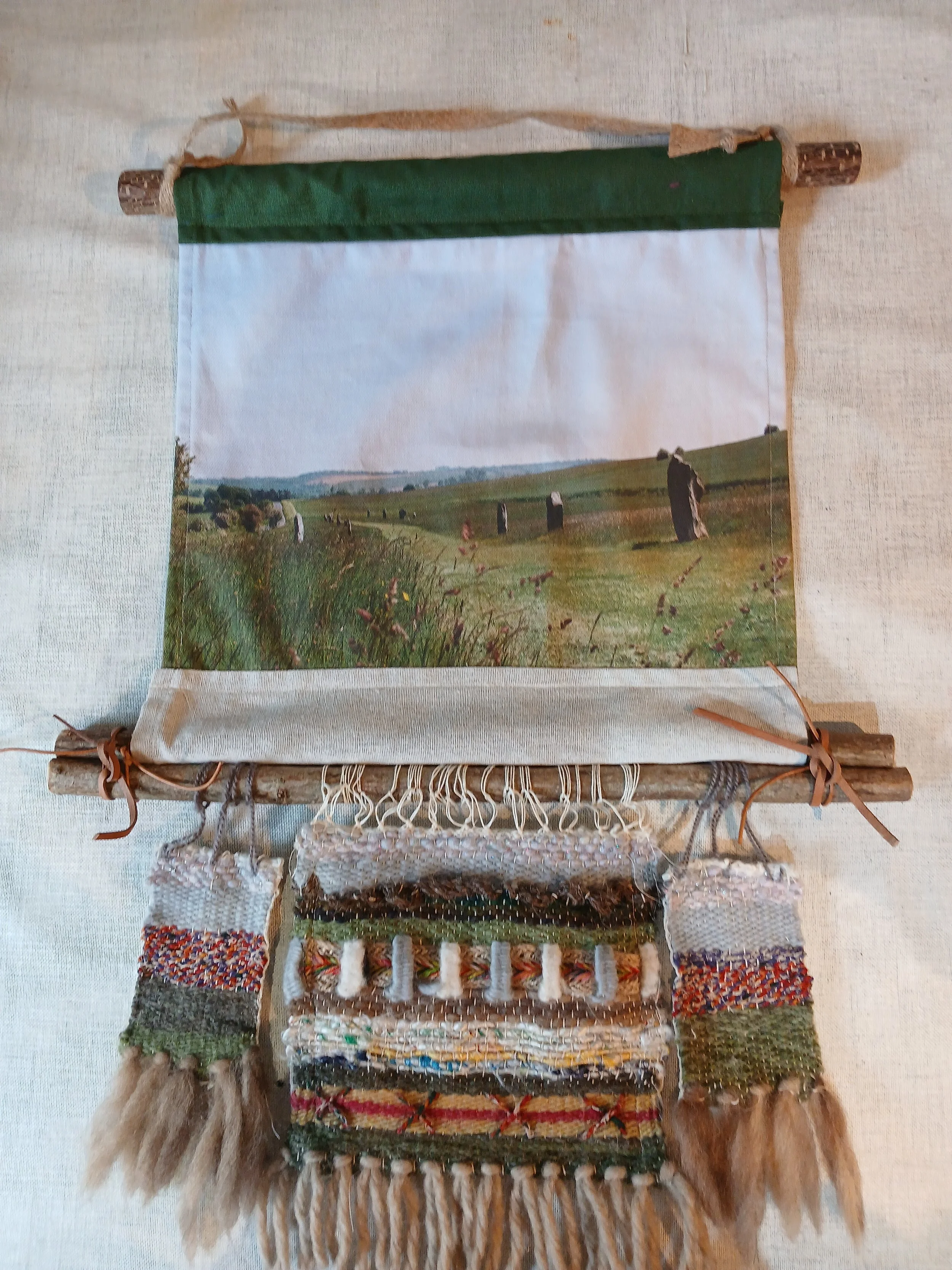 The Avenue, Avebury. Hand-Loom Weaving wall hanging in natural yarns hung on cut Hazel.