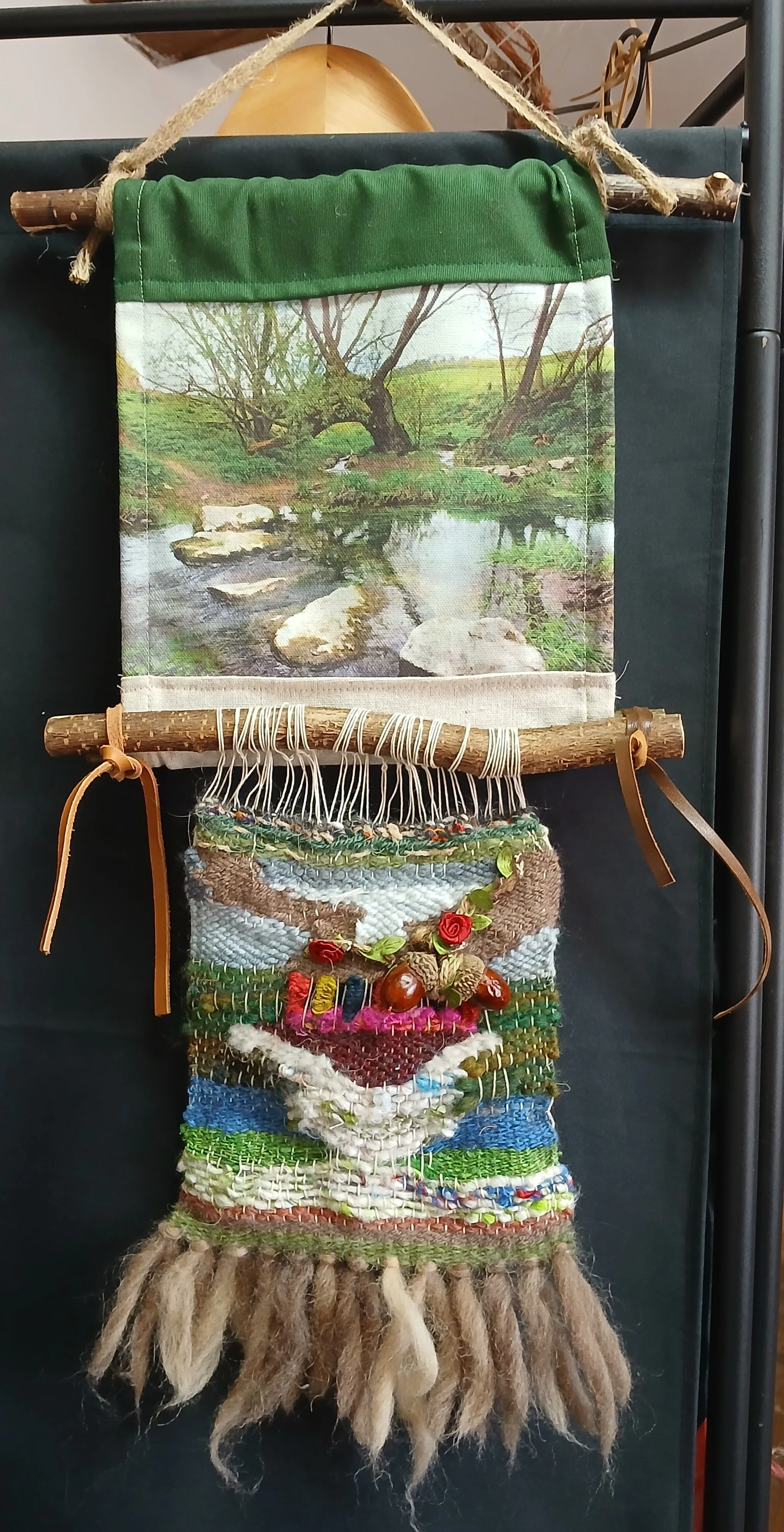 Swallowhead Falls, Avebury. Hand-Loom Weaving wall hanging in natural yarns hung on cut Hazel.