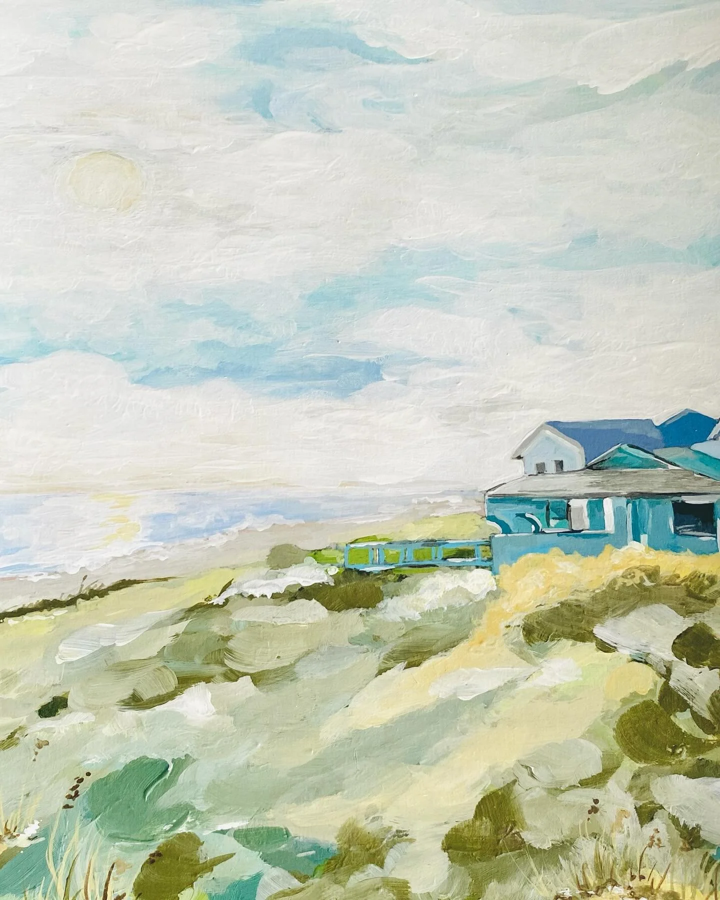 I&rsquo;m thrilled to have completed this commission! I can&rsquo;t wait to meet with my client and see it hanging on her wall. Titled &ldquo;Blue Houses by the Ocean,&rdquo; this piece was created using acrylics on watercolor paper. It will serve as