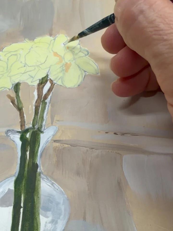 Working in progress! &ldquo;Spring Daffodils&rdquo; acrylics, on watercolor paper, 9x9. 
#floralstilllifepainting #floral #daffodil #neutrals #artforthehome