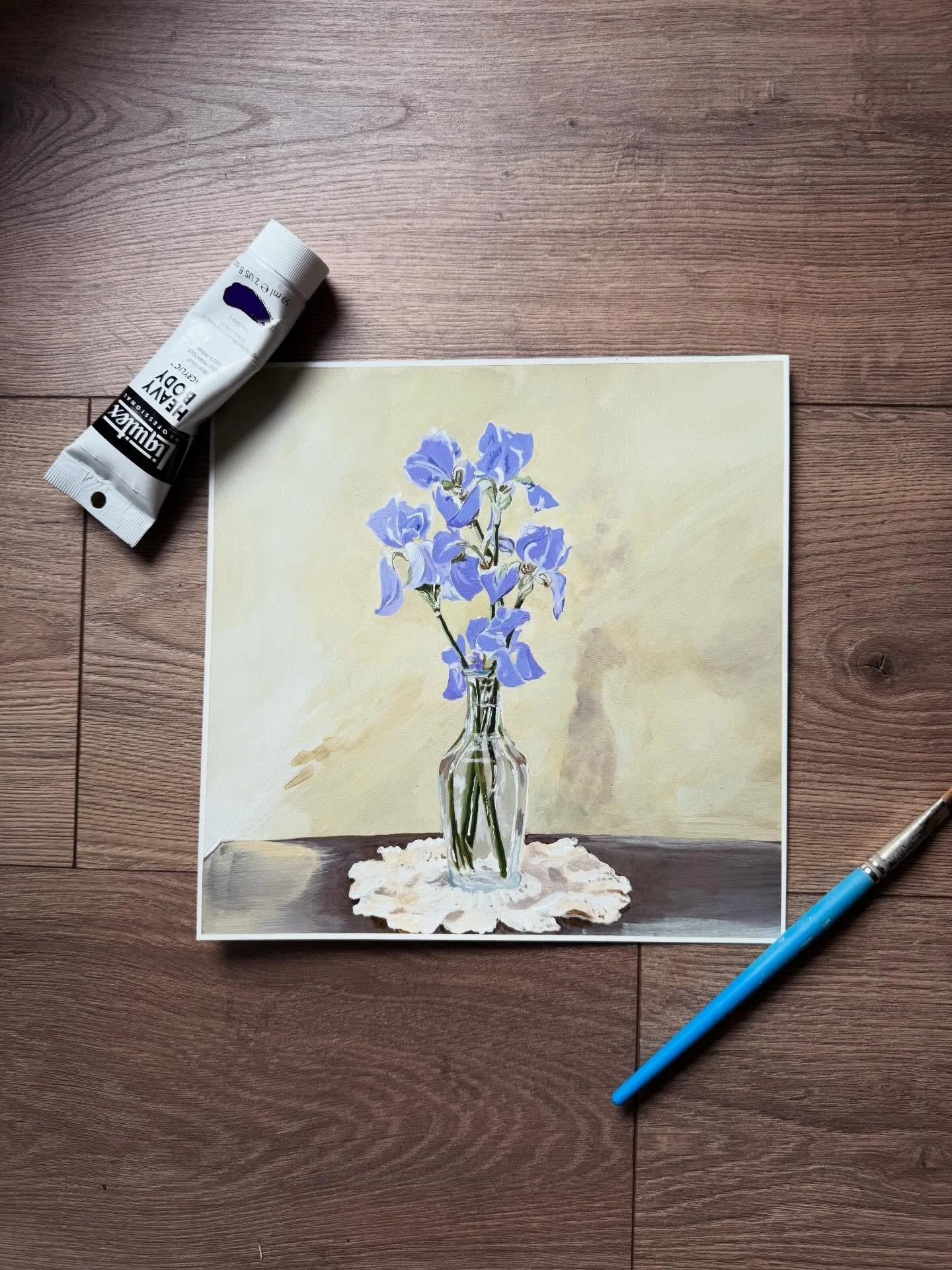 "Iris Reverie" 9x9 acrylics on watercolor paper. Finished this tonight after a lot of hard work. It was really challenging 💕