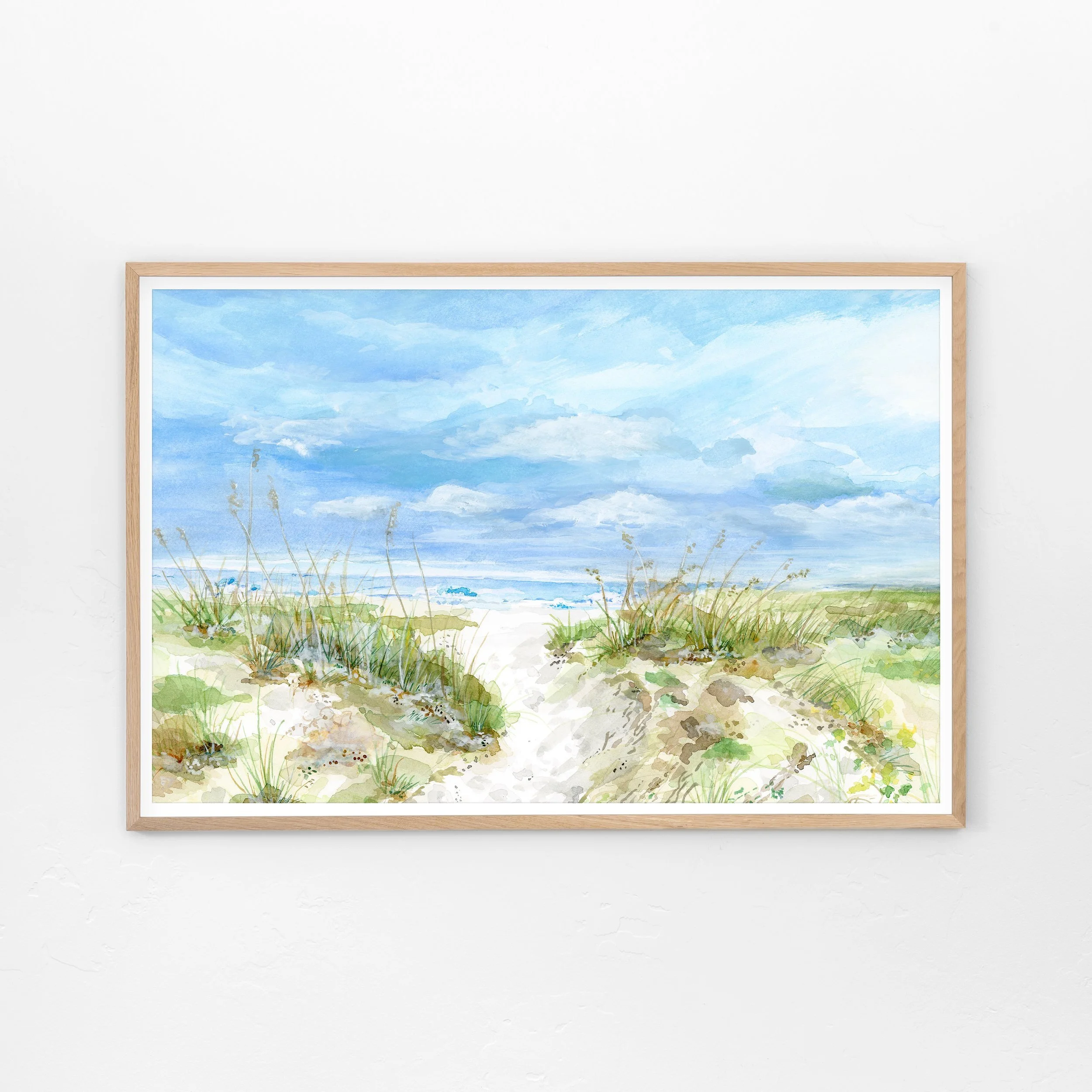 Watercolor and gouache painting of beach and ocean