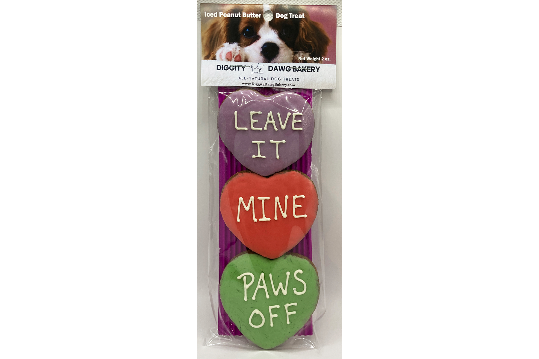 Image of conversation heart treats with Valentine's Day themed phrases like "Be Mine" and "Fur Ever" in a variety of colors. 3 per package.