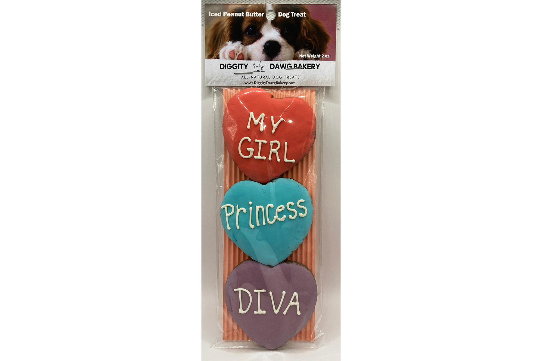 Image of conversation heart treats with Valentine's Day themed phrases like "Be Mine" and "Fur Ever" in a variety of colors. 3 per package.