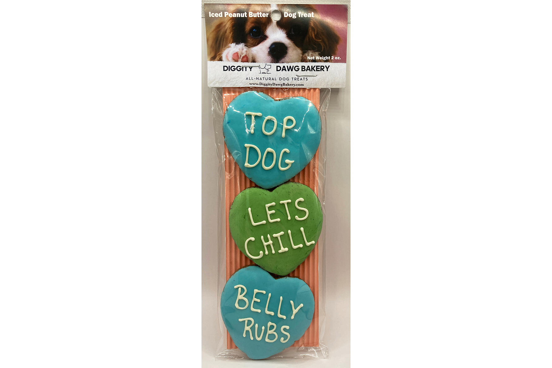 Image of conversation heart treats with Valentine's Day themed phrases like "Be Mine" and "Fur Ever" in a variety of colors. 3 per package.