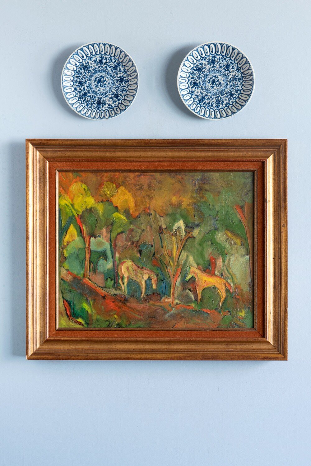 French School, Horses on a Forest Path, Oil Painting on Canvas, 1981