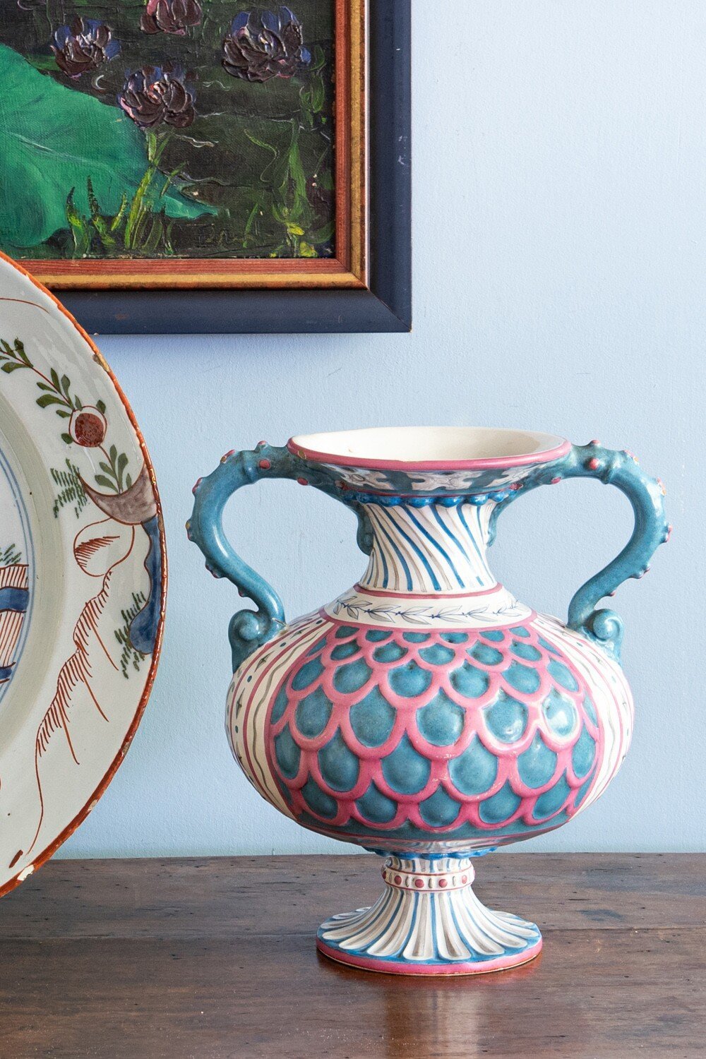 Marseille Faience, Medici Vase in Pink & Blue, early 20th century