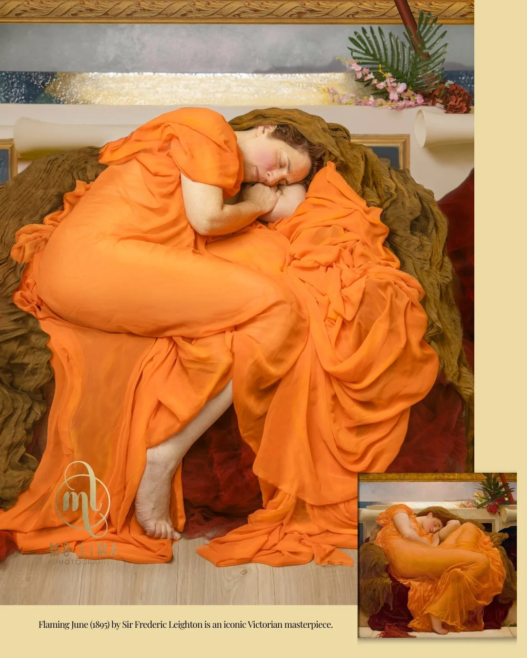 It started with *Flaming June.*

A longtime client once asked me:
**&ldquo;Could I become June?&rdquo;**

Her favorite painting was Frederic Leighton&rsquo;s *Flaming June* &mdash; the luminous woman draped in saffron silk. She loved it not simply as