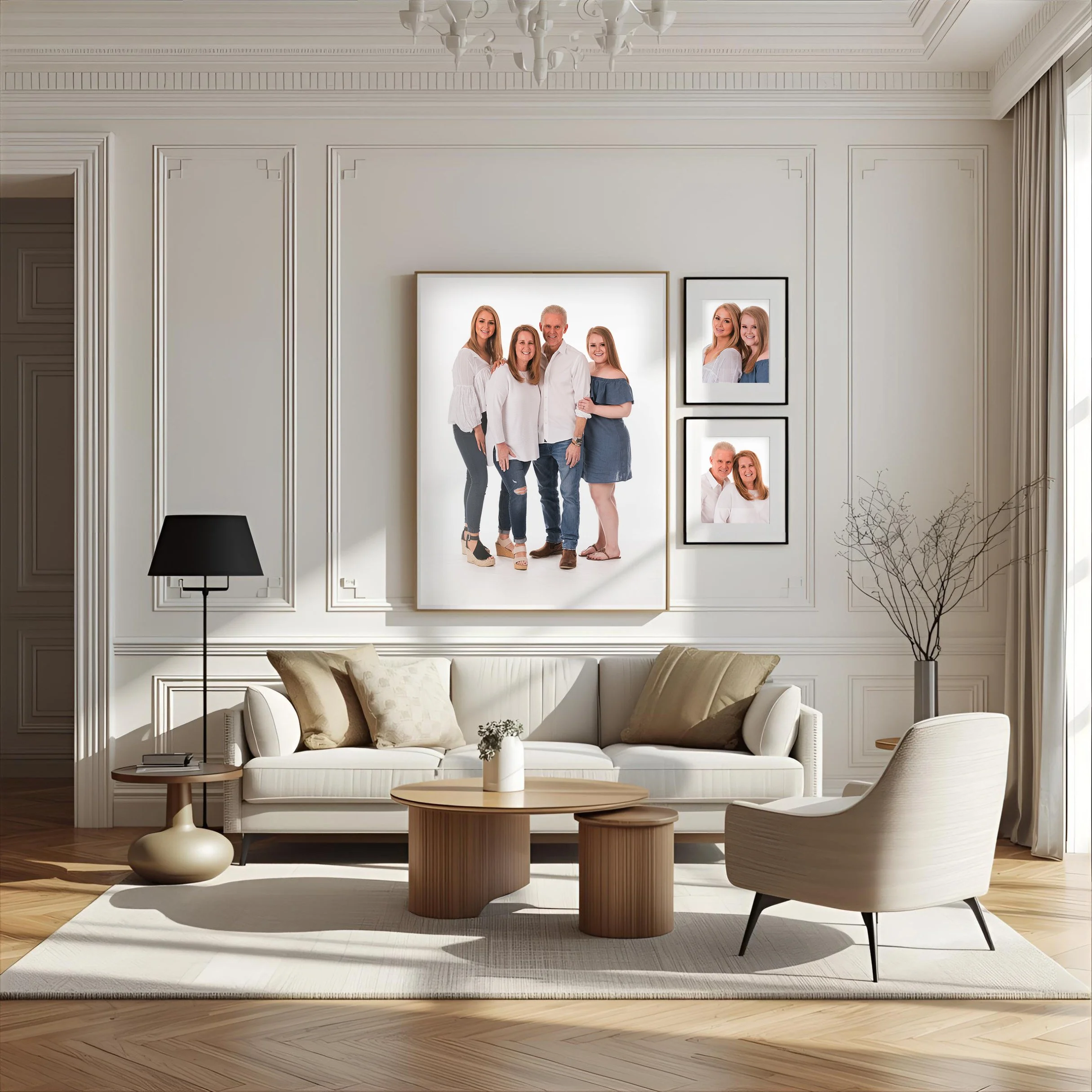 Family photos on the walls of a livingroom