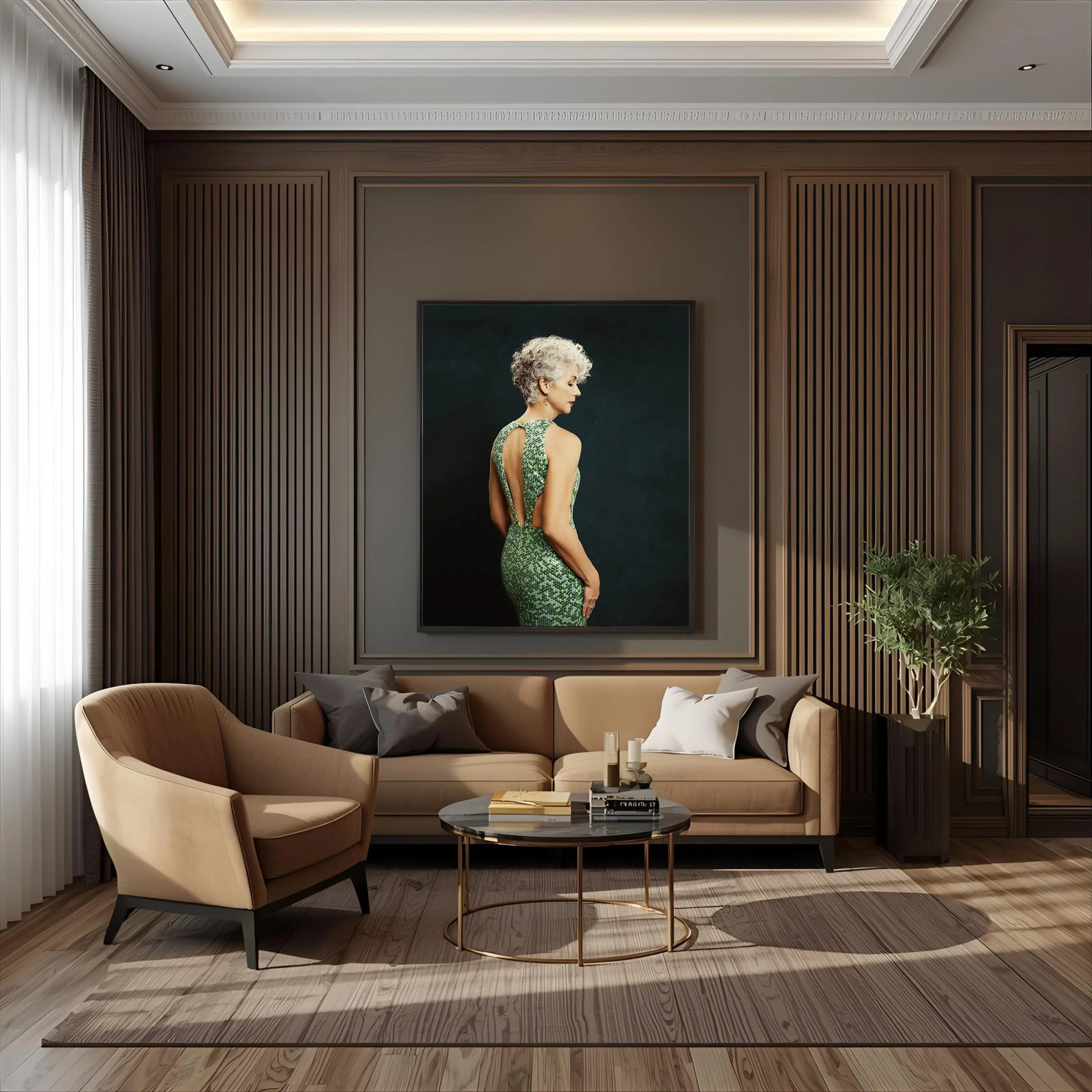 Woman in fine-art framed photo hung in livingroom