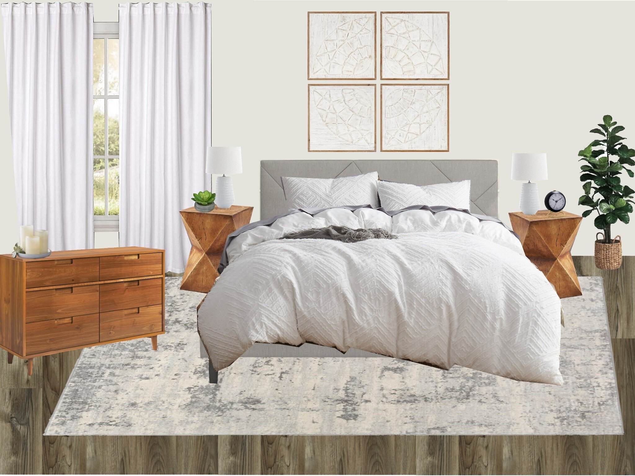 Modern bedroom with white bedding, wooden furniture, and decor elements; features a window with white curtains, wooden nightstands with lamps and plants, a dresser with candles, a decorative plant, and abstract wall art.