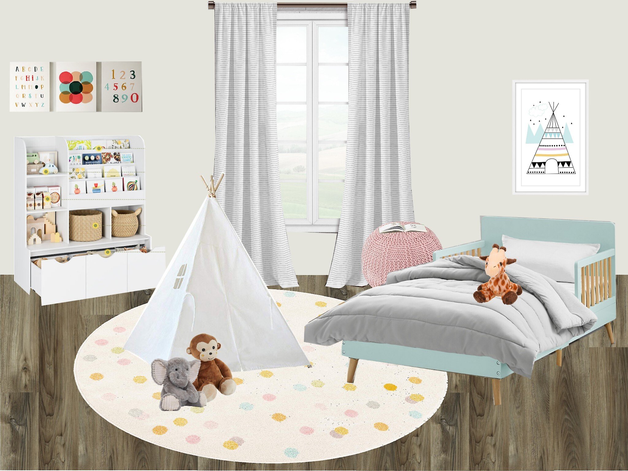 Children's room with teepee, bed, toys, bookshelf, and decor