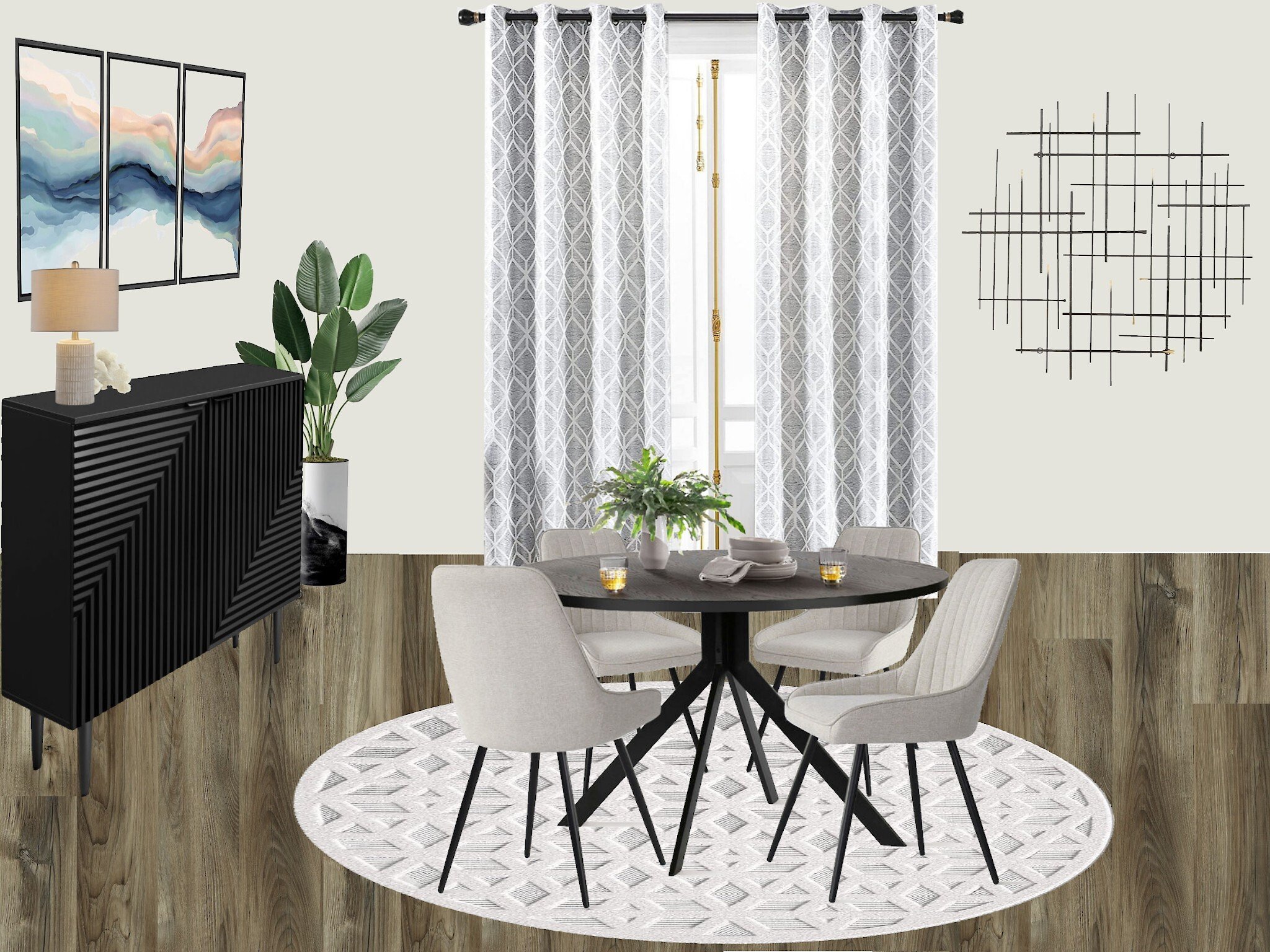 Modern dining room with round table, four chairs, geometric wall art, plant, and textured curtains.