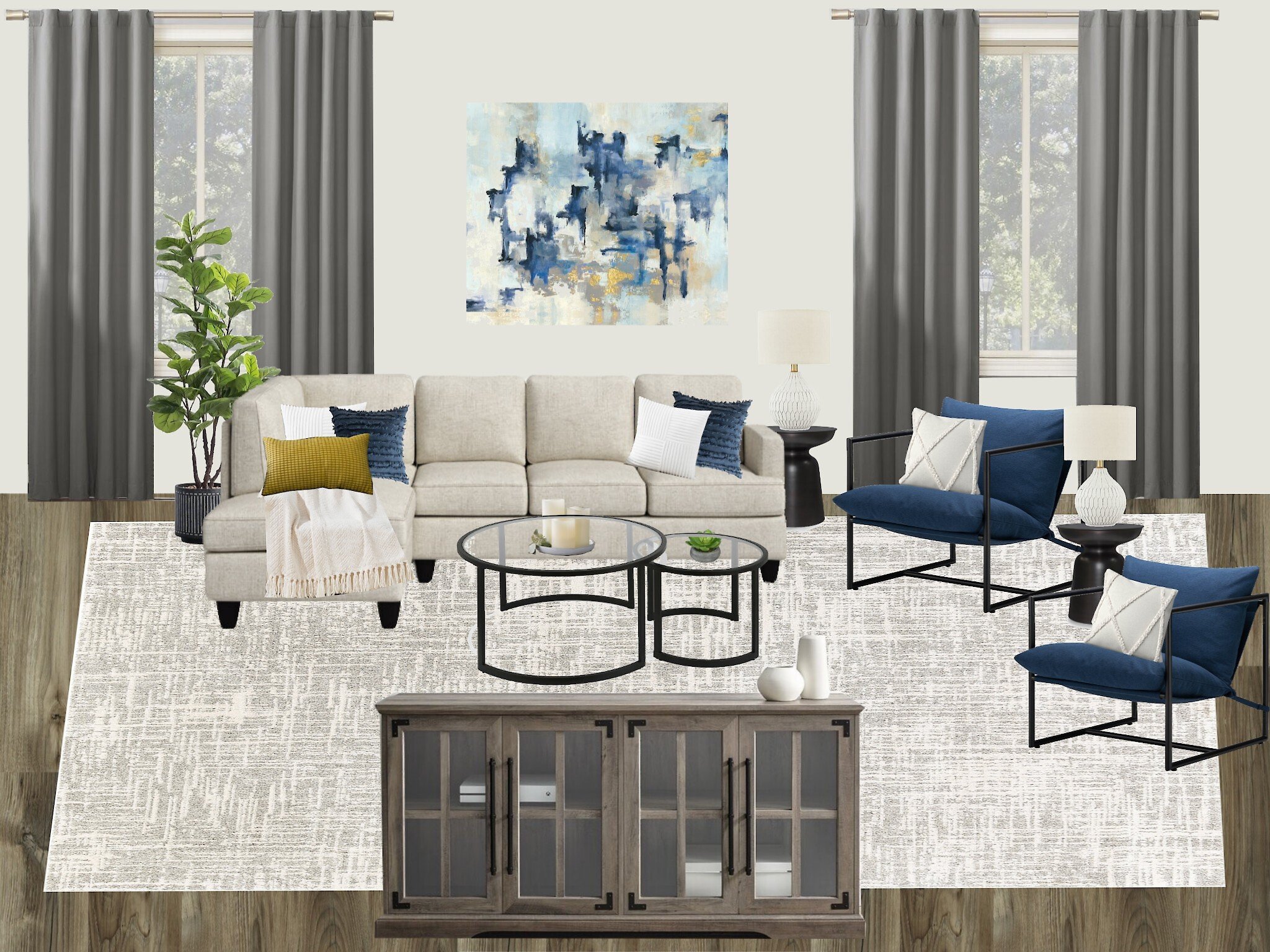 Modern living room with gray sectional sofa, blue chairs, abstract wall art, glass coffee table, potted plant, and decorative cabinet.