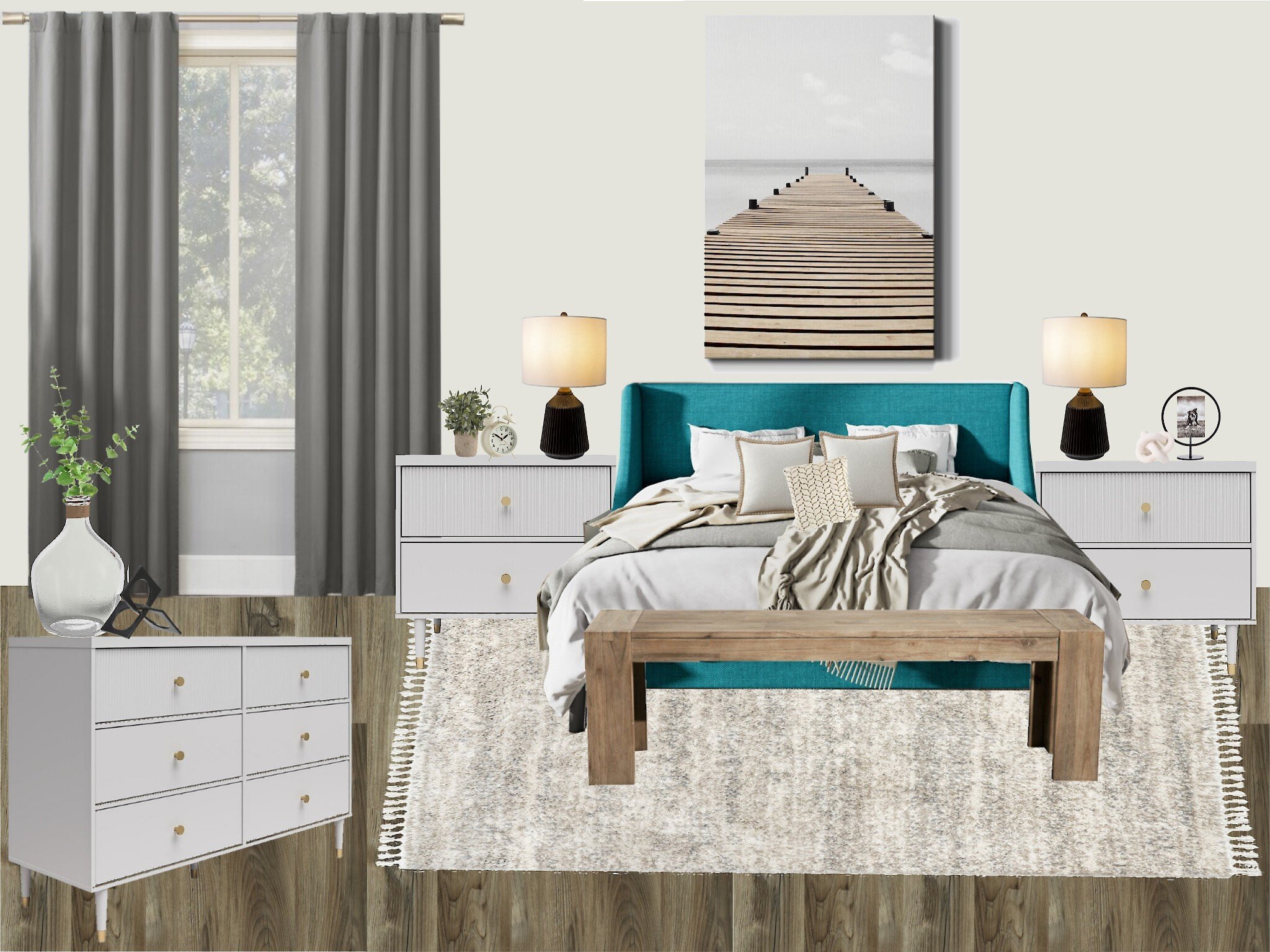 Modern bedroom interior with a teal bed, gray curtains, white dressers, and a wooden bench. A large wall art of a pier extends behind the bed. Room features decorative accessories, lamps, and a fringed rug on wooden flooring.