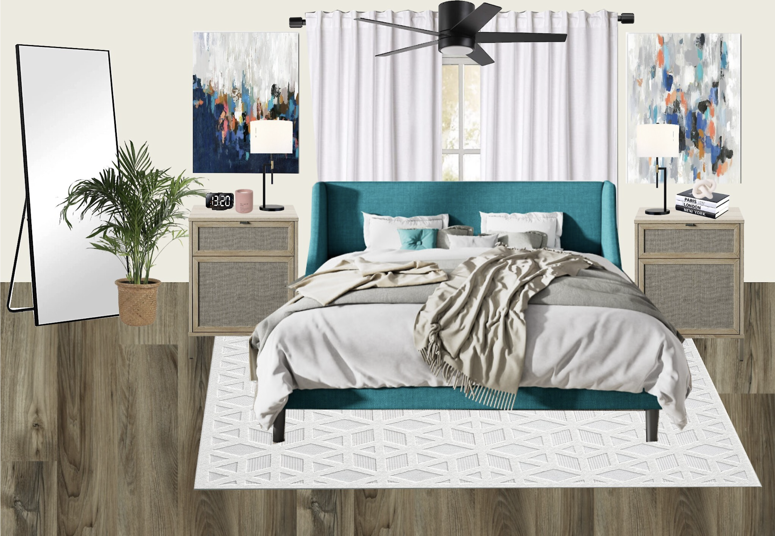 Modern bedroom with teal bed, abstract wall art, floor mirror, potted plant, bedside tables, digital clock, and ceiling fan.