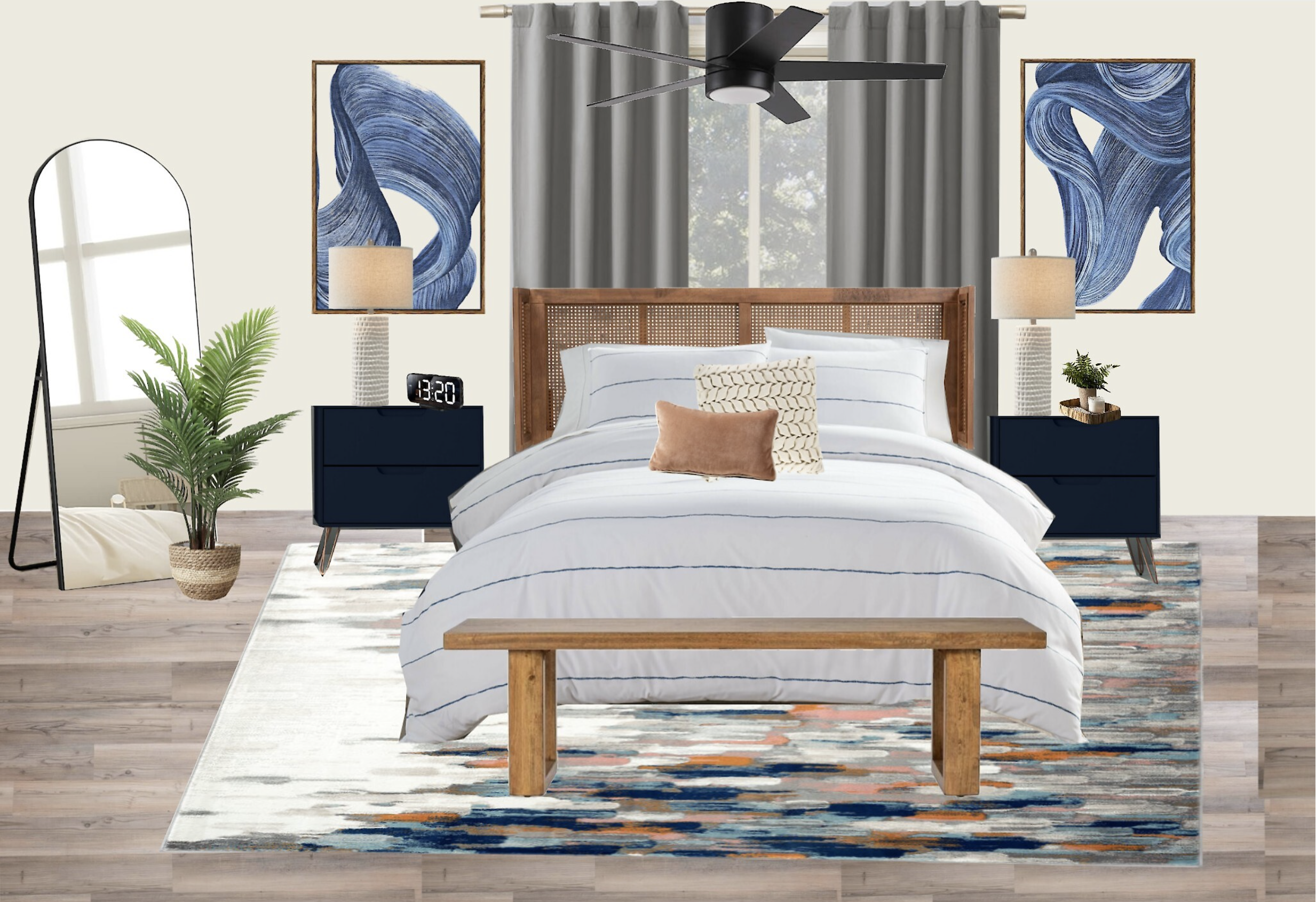 Modern bedroom with a wooden bed frame, white bedding, blue nightstands, large mirror, indoor plant, abstract wall art, and ceiling fan.