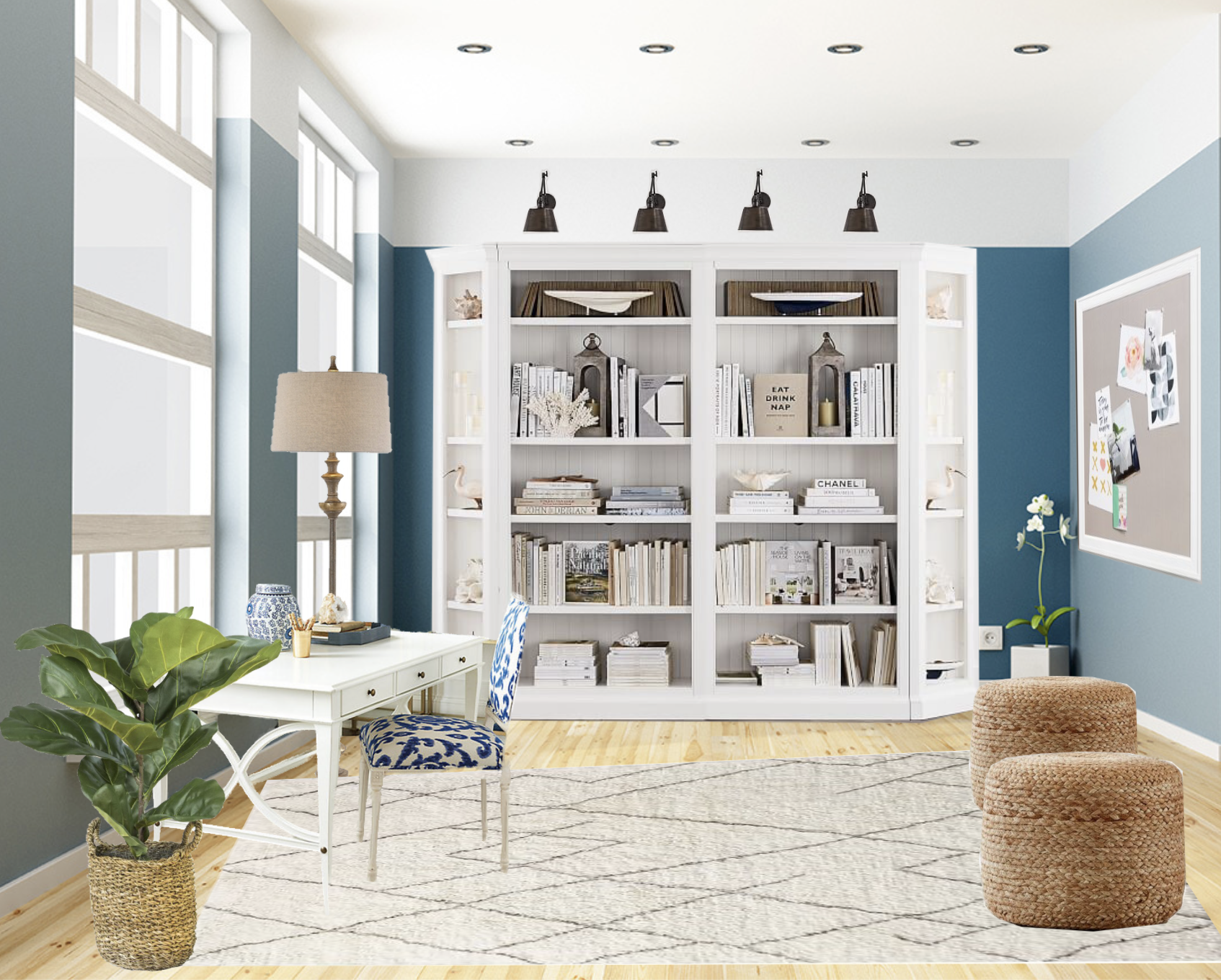 Modern home office with a white desk, blue patterned chair, large bookshelf, indoor plant, and cozy decor.