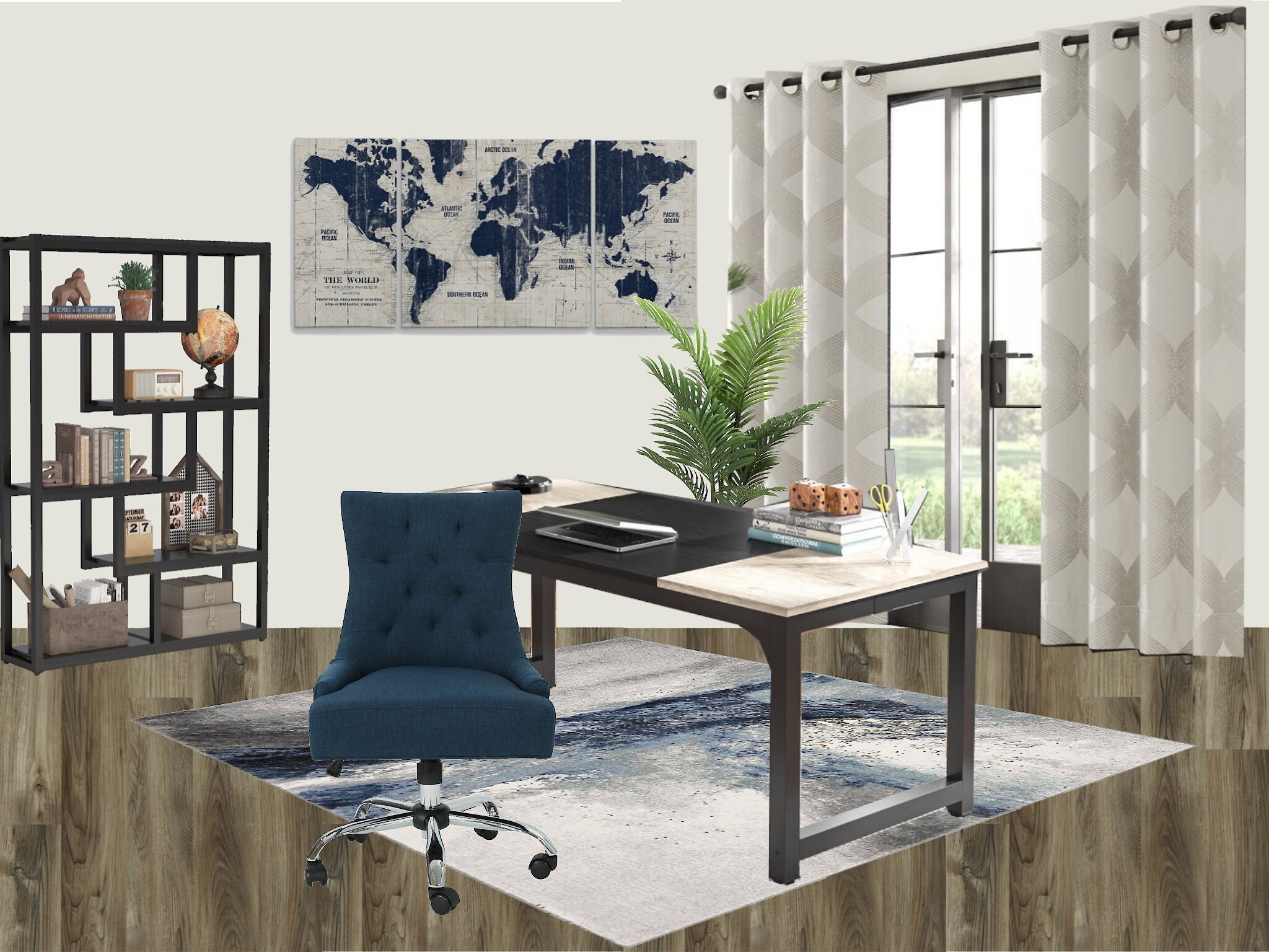Modern home office with a desk, blue chair, world map art, bookshelf with decor, large windows with curtains, and a plant.