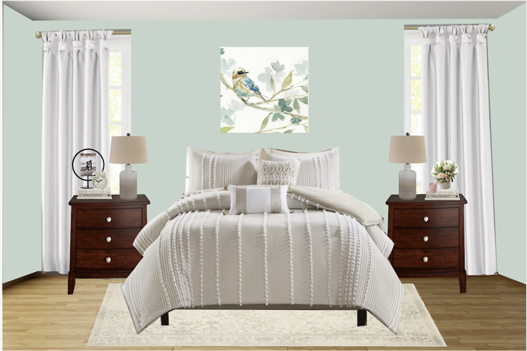 Bedroom with bed, nightstands, lamps, artwork, and curtains.