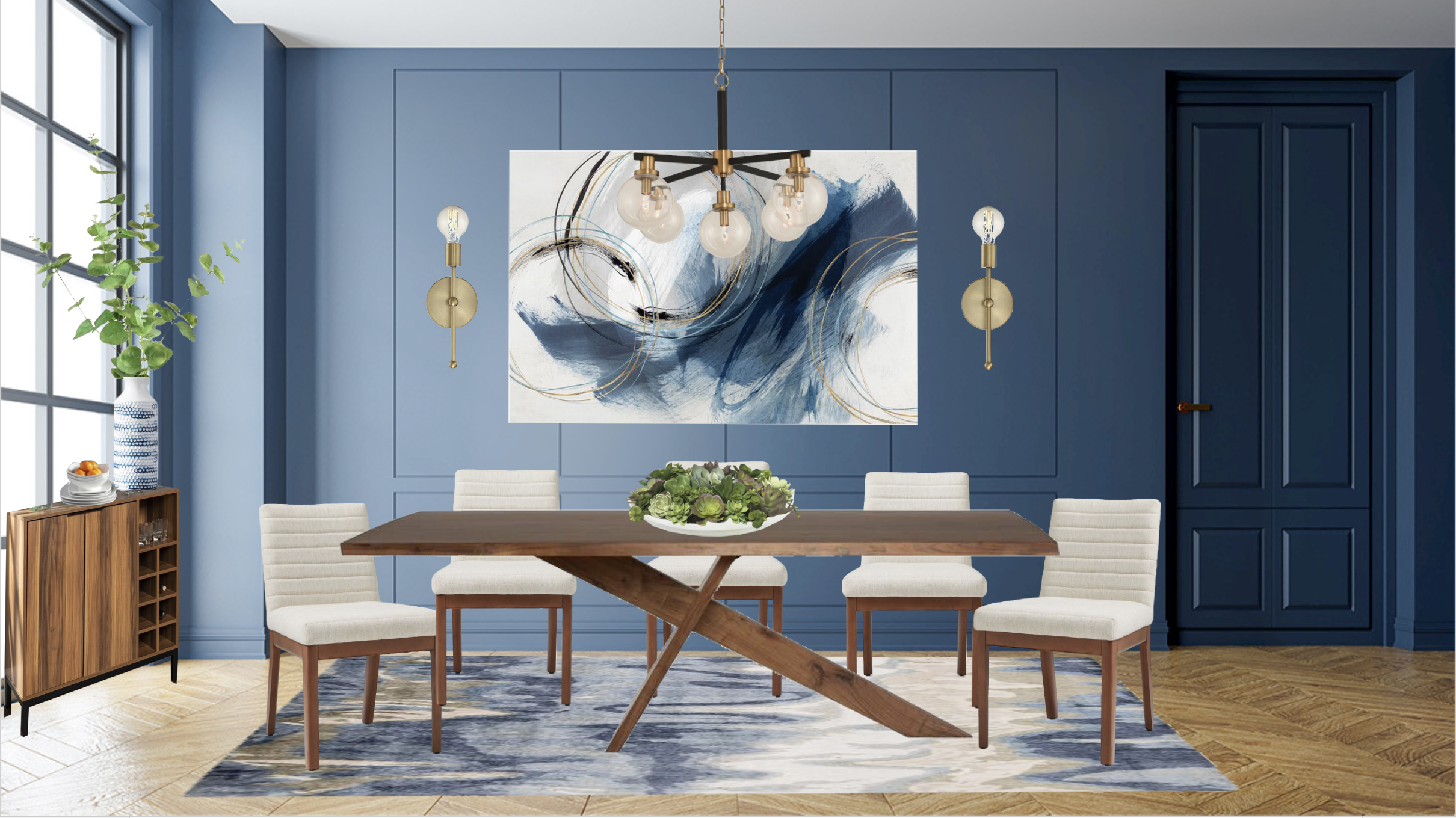 Modern dining room with blue walls, wooden table, white chairs, abstract painting, chandelier, and decorative plants.