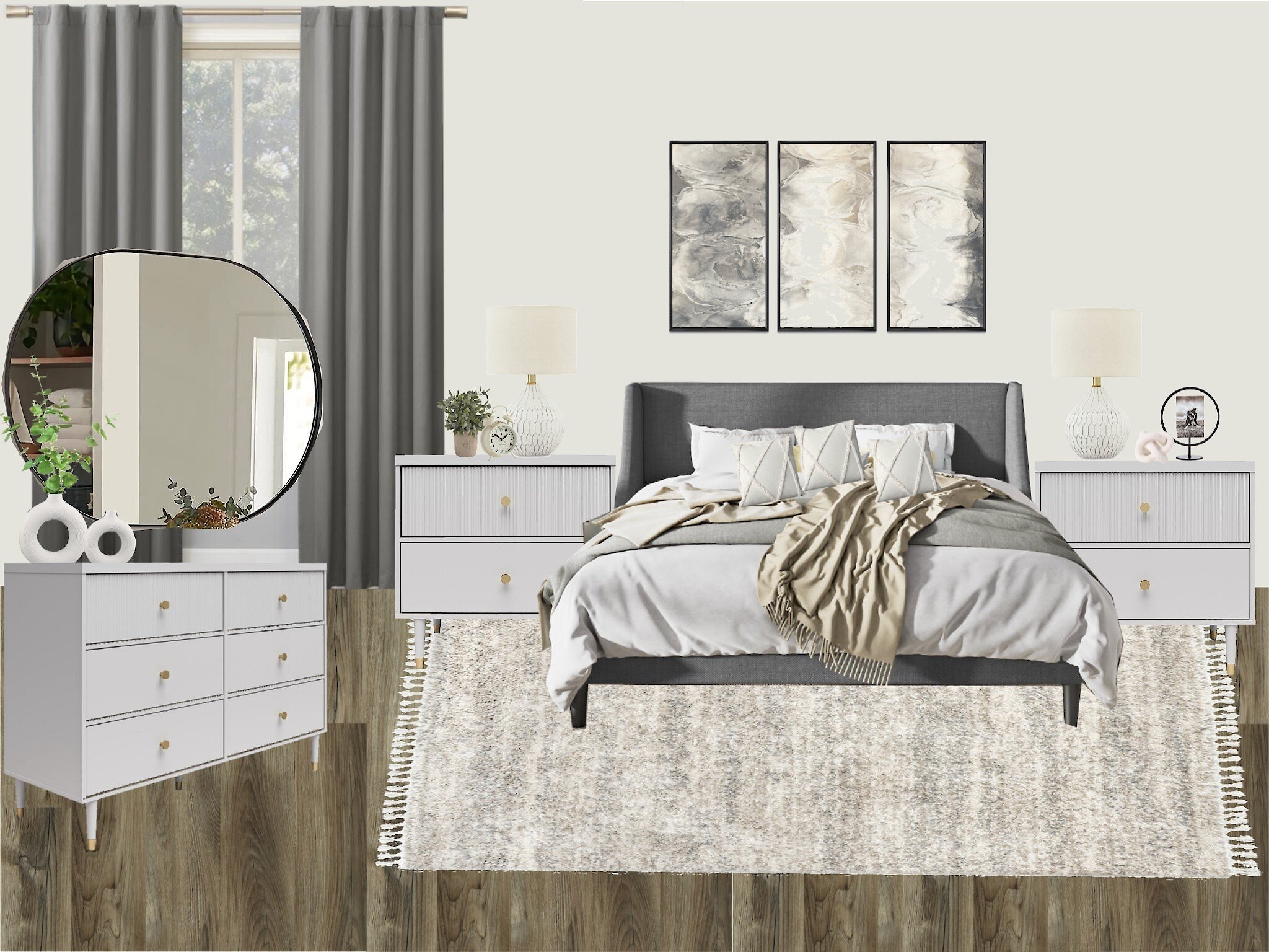Contemporary bedroom with gray bed and neutral decor, featuring a large round mirror, gray curtains, white dressers, and abstract wall art.