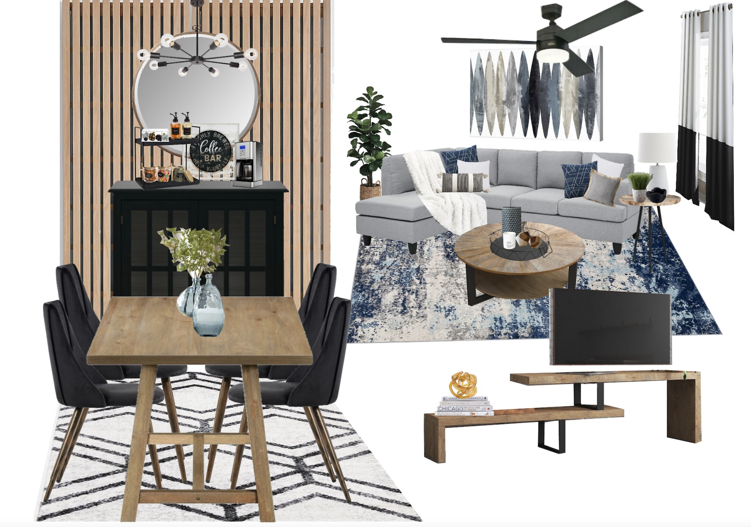 Modern open-concept living and dining room with sofa, dining table, coffee table, TV, and decorative items.